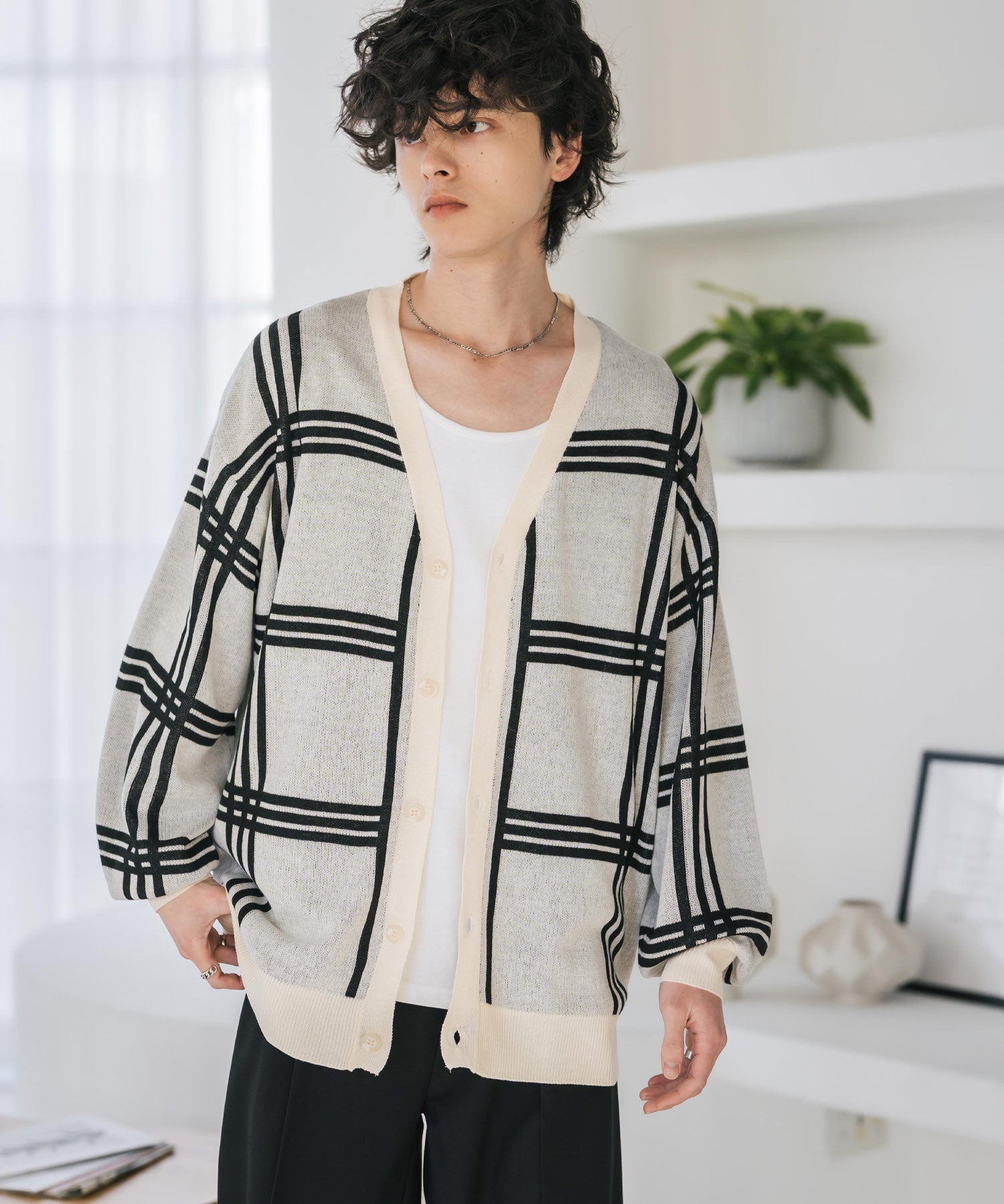 新色追加 接触冷感 UVカット 無地/アーガイル柄/チェック柄 オーバーサイズハイゲージVネックサマーニット長袖カーディガン 15471