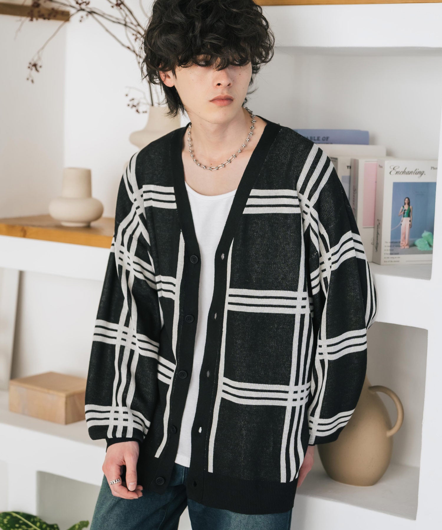 新色追加 接触冷感 UVカット 無地/アーガイル柄/チェック柄 オーバーサイズハイゲージVネックサマーニット長袖カーディガン 15471