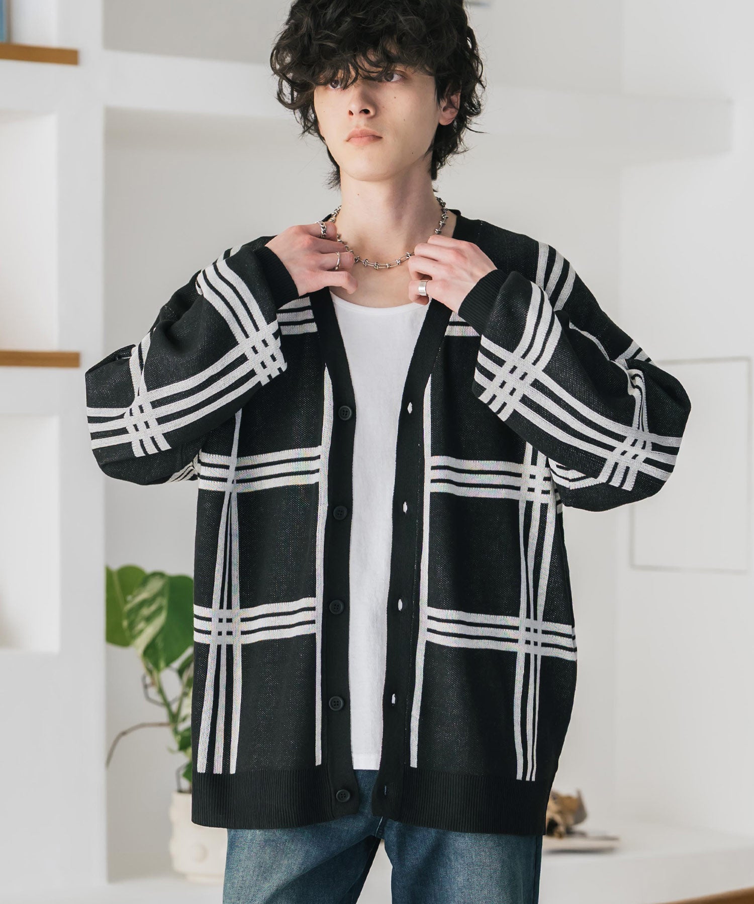 新色追加 接触冷感 UVカット 無地/アーガイル柄/チェック柄 オーバーサイズハイゲージVネックサマーニット長袖カーディガン 15471