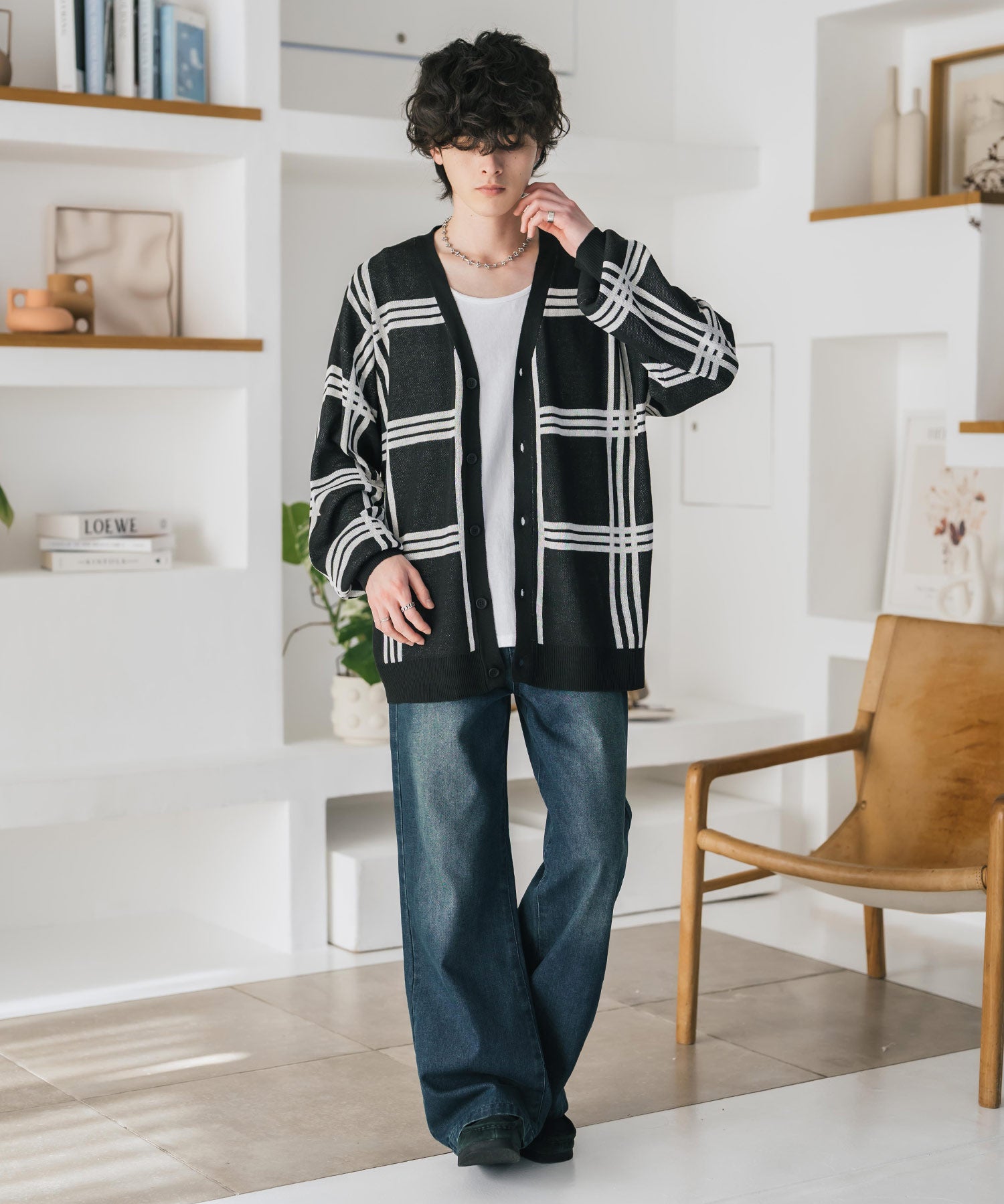 新色追加 接触冷感 UVカット 無地/アーガイル柄/チェック柄 オーバーサイズハイゲージVネックサマーニット長袖カーディガン 15471