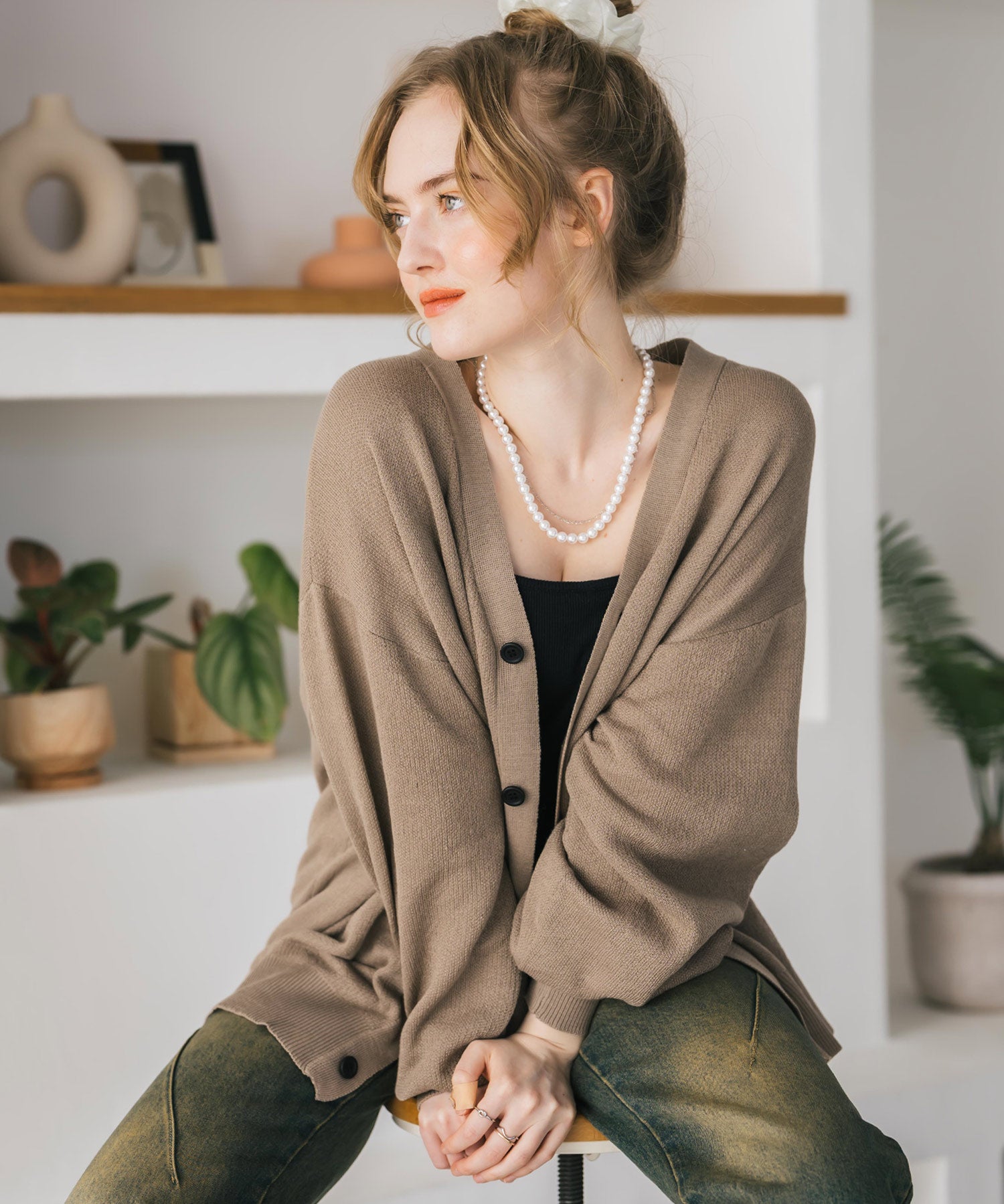 新色追加 接触冷感 UVカット 無地/アーガイル柄/チェック柄 オーバーサイズハイゲージVネックサマーニット長袖カーディガン 15471