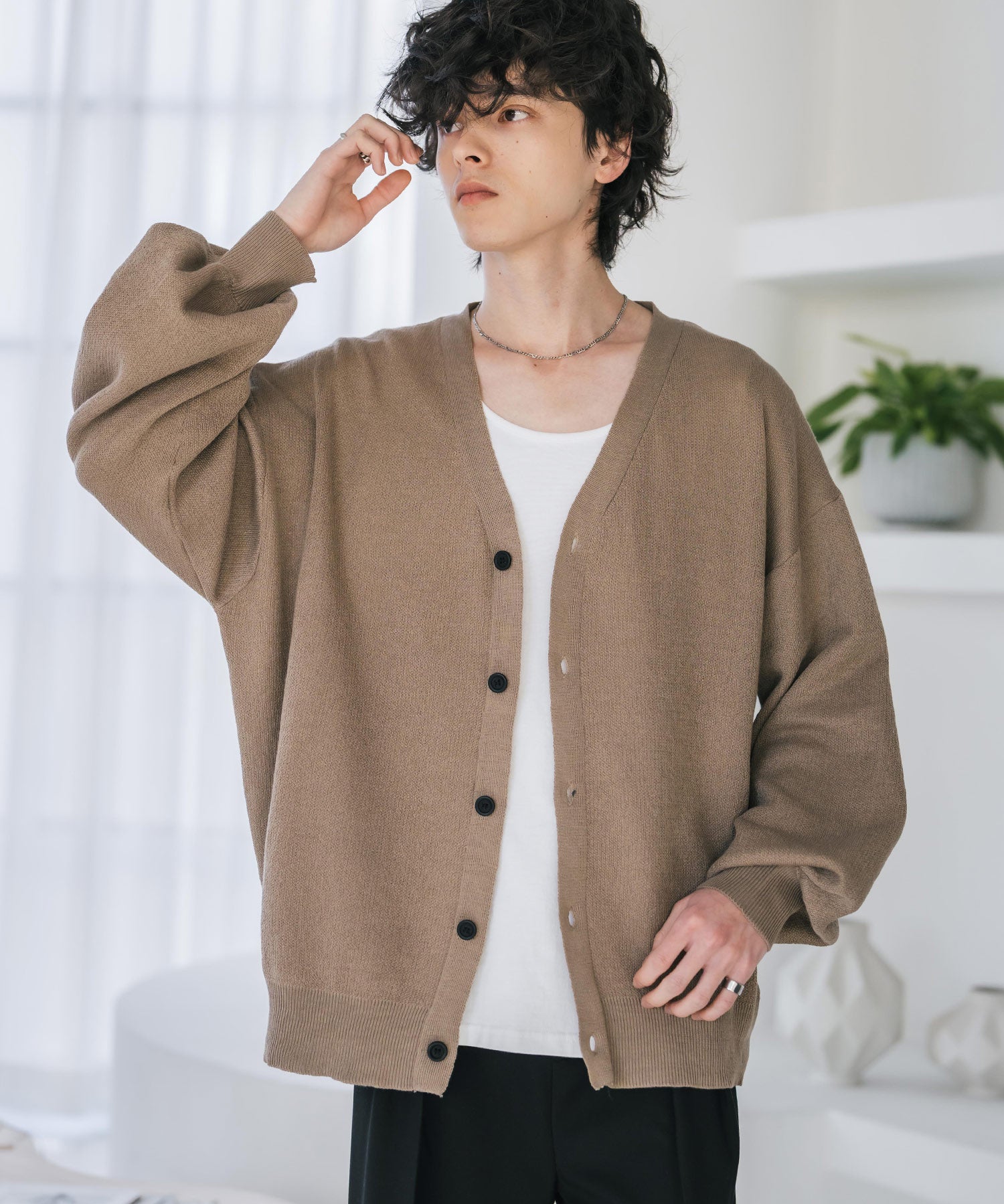 新色追加 接触冷感 UVカット 無地/アーガイル柄/チェック柄 オーバーサイズハイゲージVネックサマーニット長袖カーディガン 15471