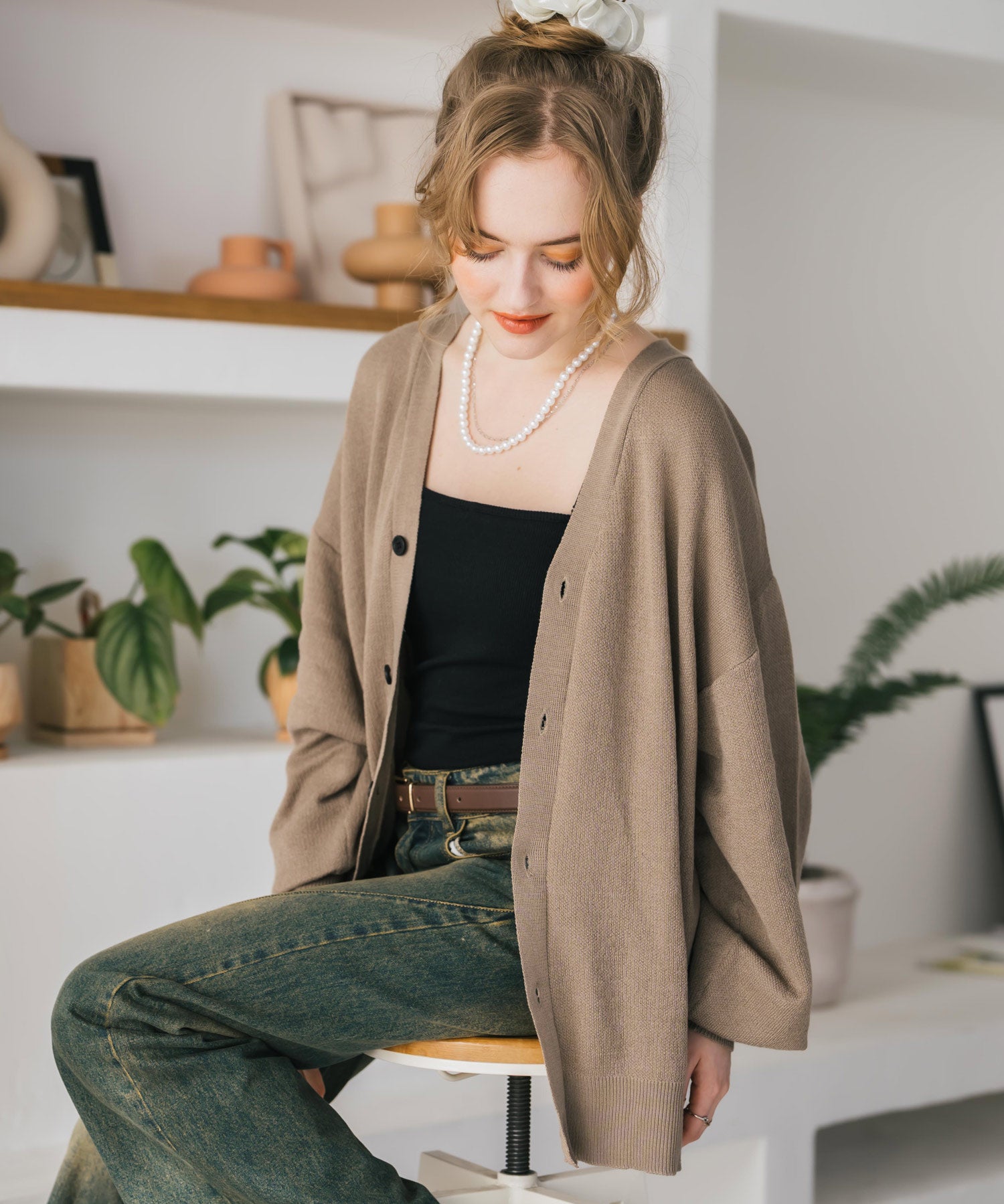 新色追加 接触冷感 UVカット 無地/アーガイル柄/チェック柄 オーバーサイズハイゲージVネックサマーニット長袖カーディガン 15471