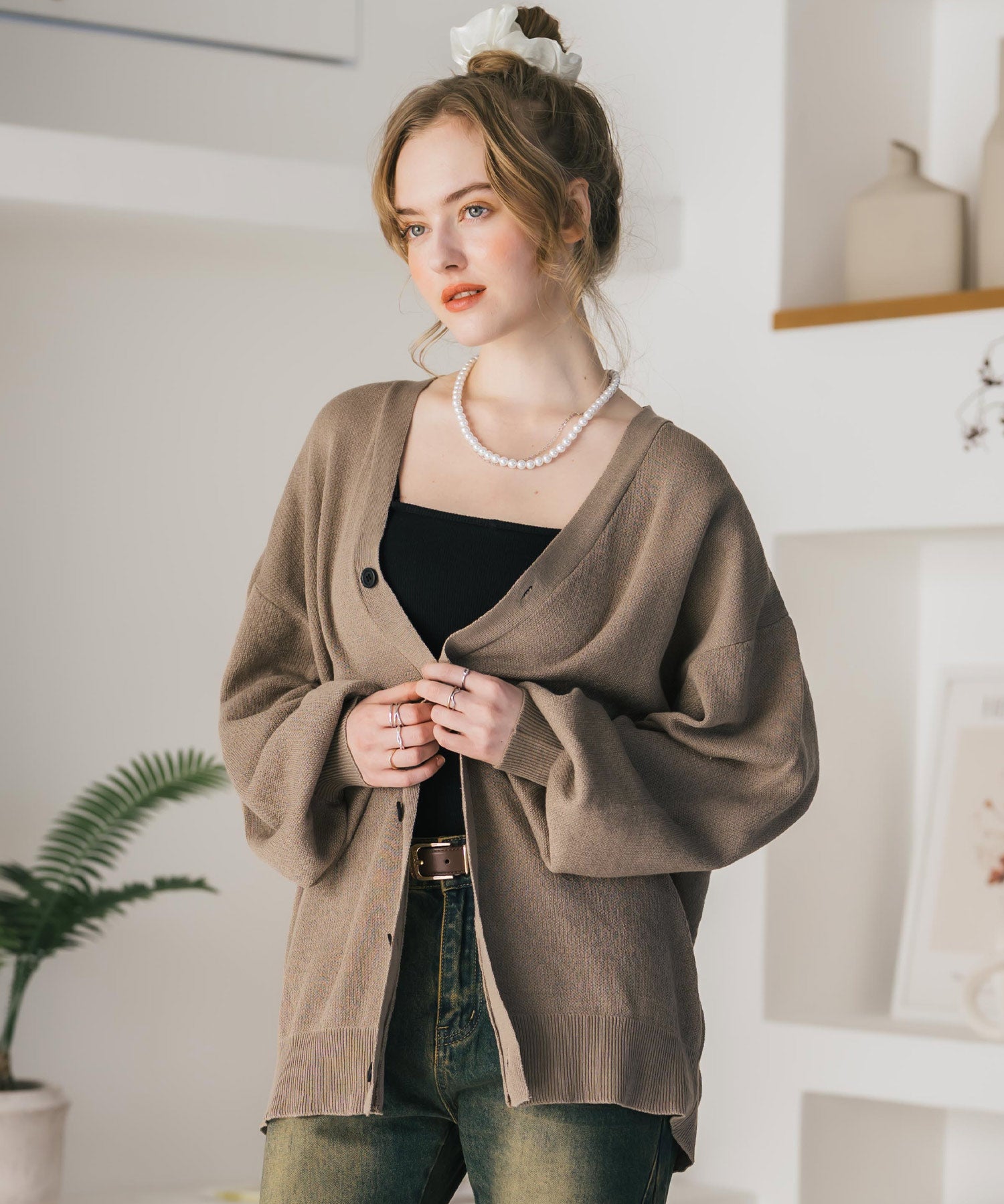 新色追加 接触冷感 UVカット 無地/アーガイル柄/チェック柄 オーバーサイズハイゲージVネックサマーニット長袖カーディガン 15471