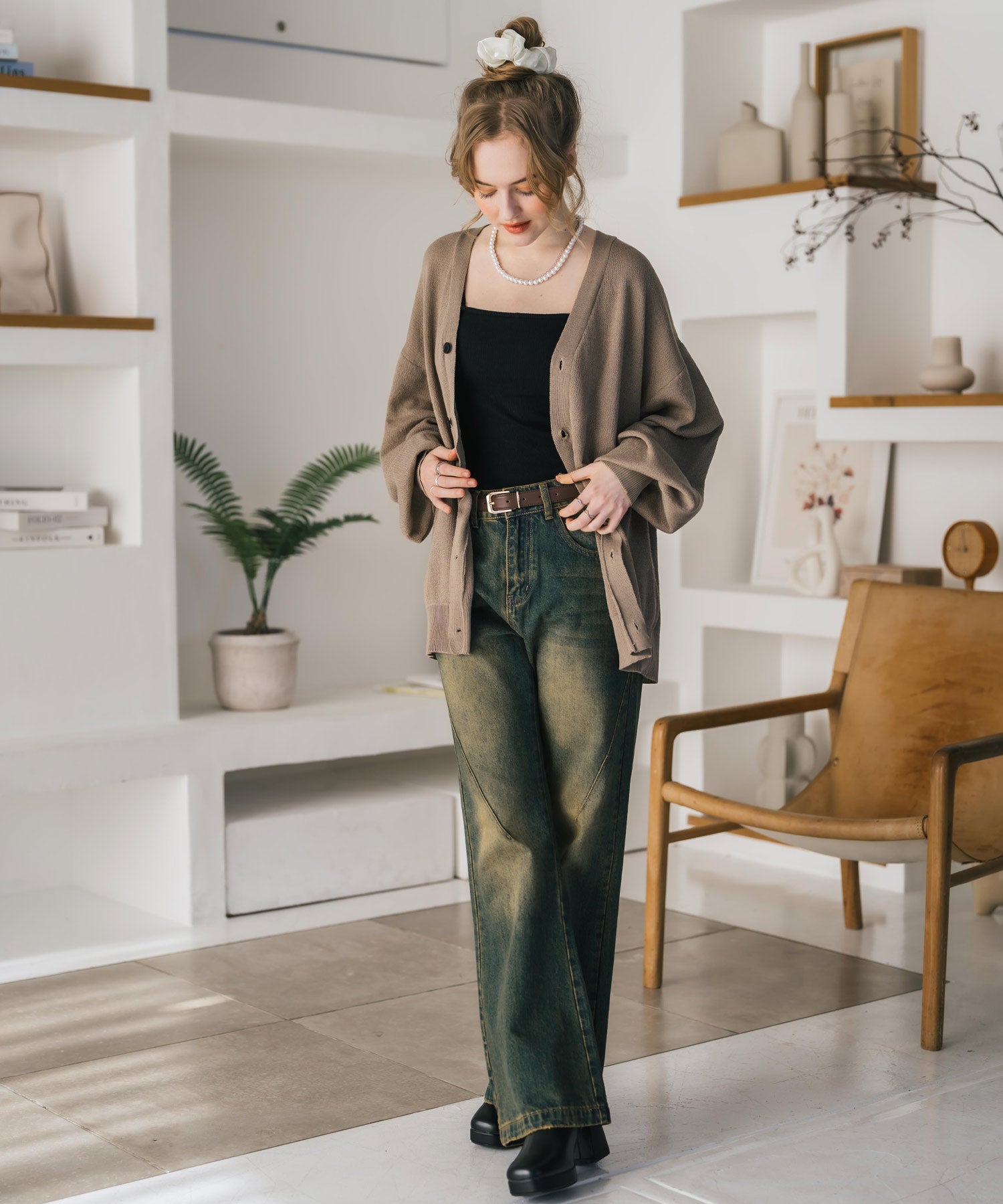 新色追加 接触冷感 UVカット 無地/アーガイル柄/チェック柄 オーバーサイズハイゲージVネックサマーニット長袖カーディガン 15471