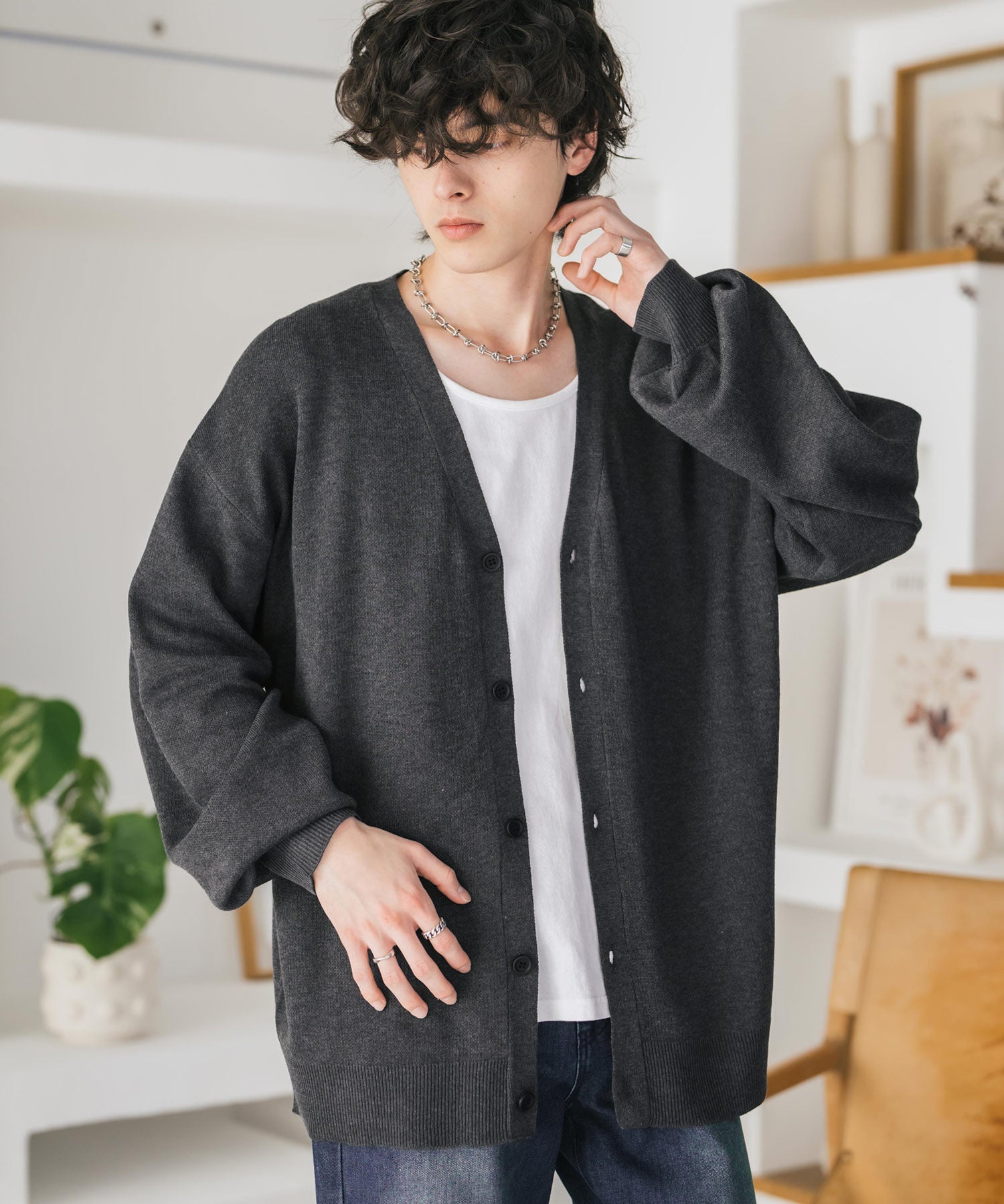 新色追加 接触冷感 UVカット 無地/アーガイル柄/チェック柄 オーバーサイズハイゲージVネックサマーニット長袖カーディガン 15471