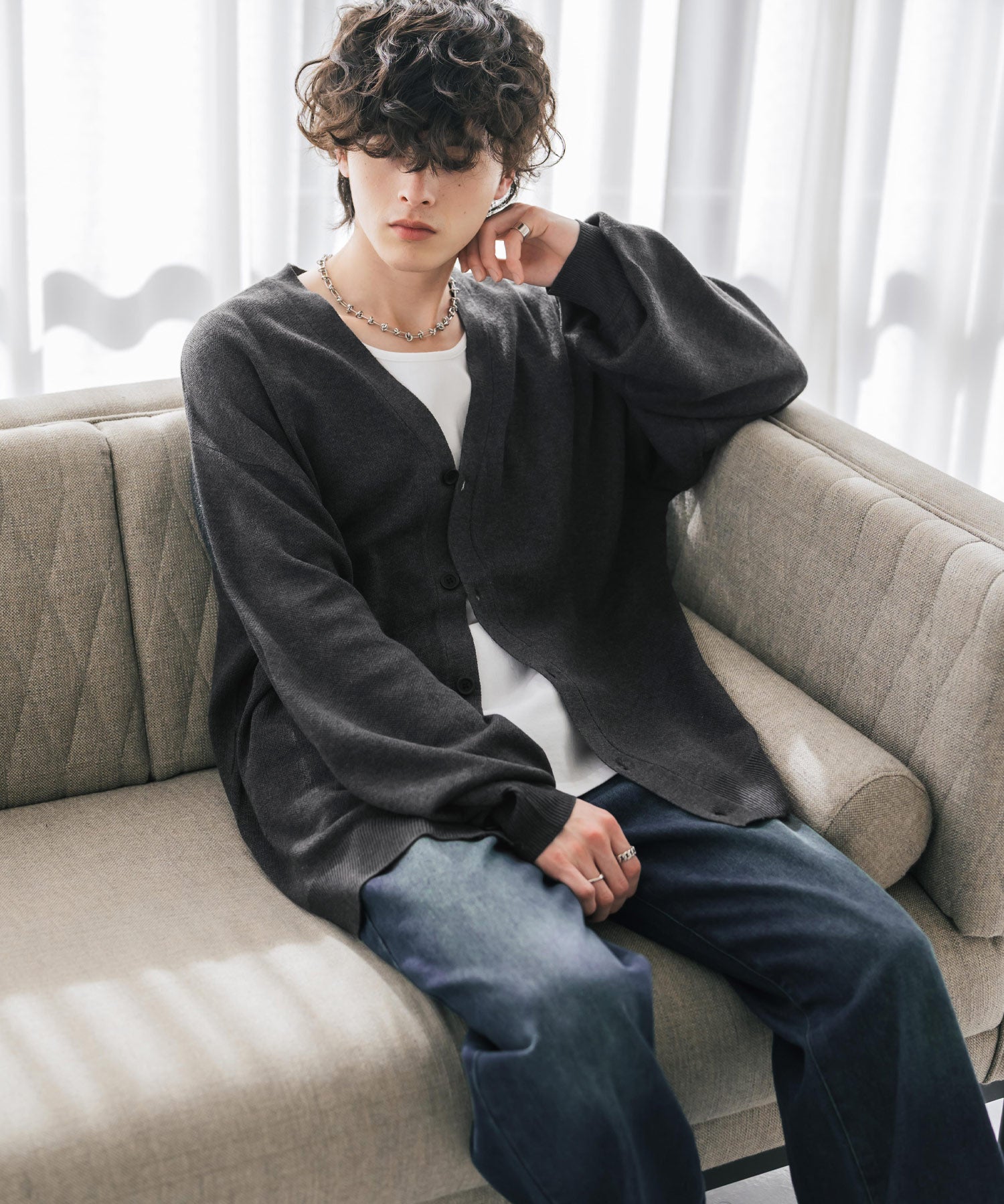 新色追加 接触冷感 UVカット 無地/アーガイル柄/チェック柄 オーバーサイズハイゲージVネックサマーニット長袖カーディガン 15471