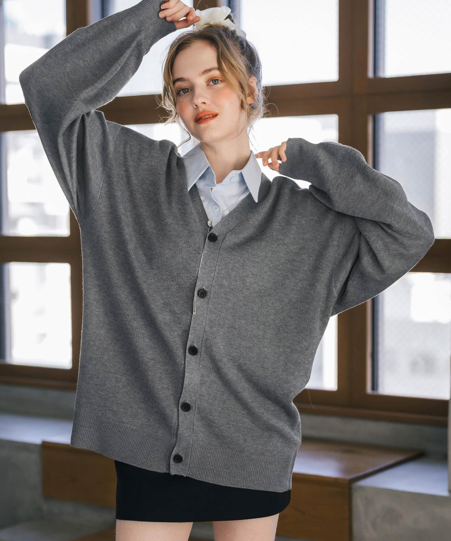 新色追加 接触冷感 UVカット 無地/アーガイル柄/チェック柄 オーバーサイズハイゲージVネックサマーニット長袖カーディガン 15471