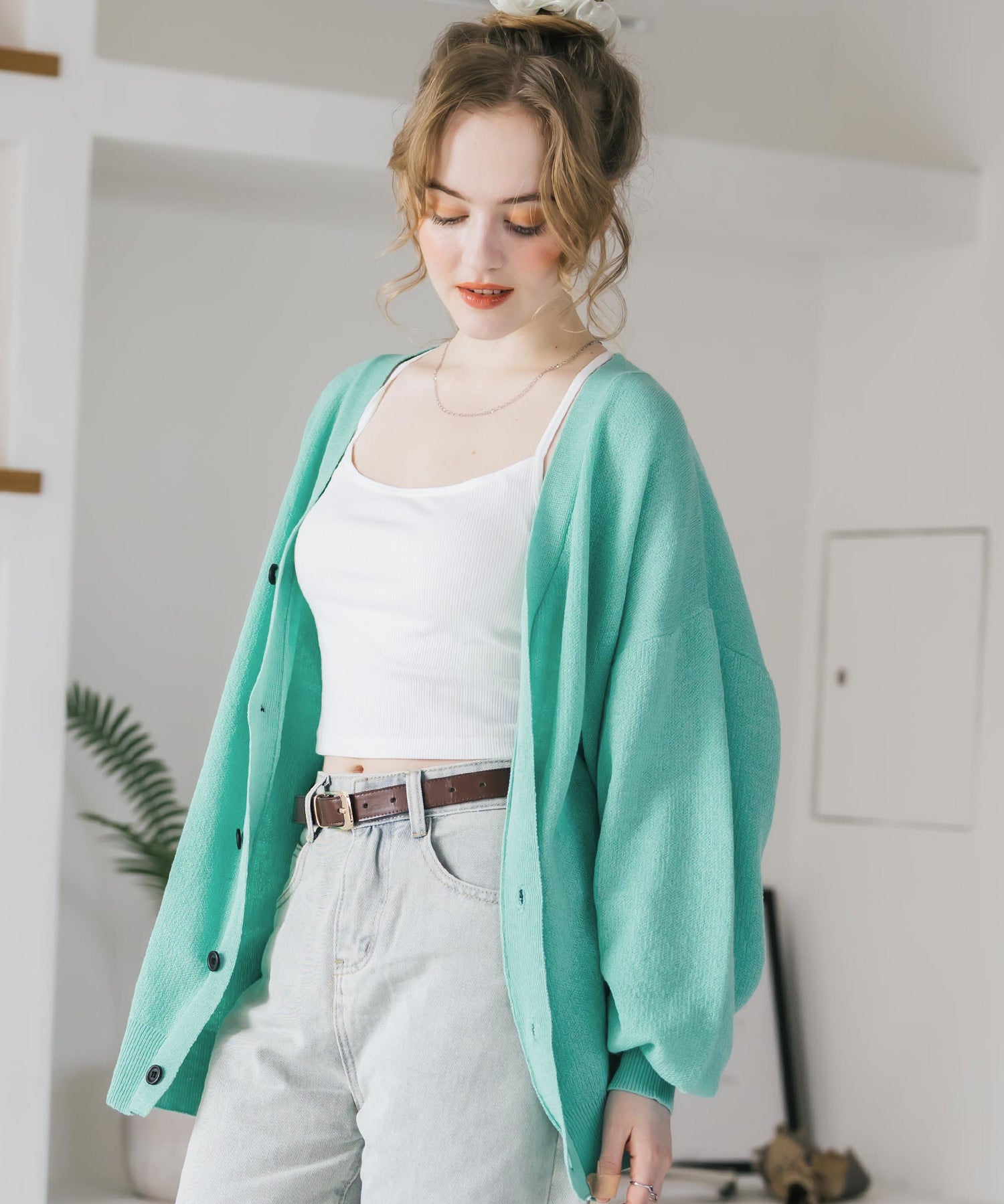 新色追加 接触冷感 UVカット 無地/アーガイル柄/チェック柄 オーバーサイズハイゲージVネックサマーニット長袖カーディガン 15471