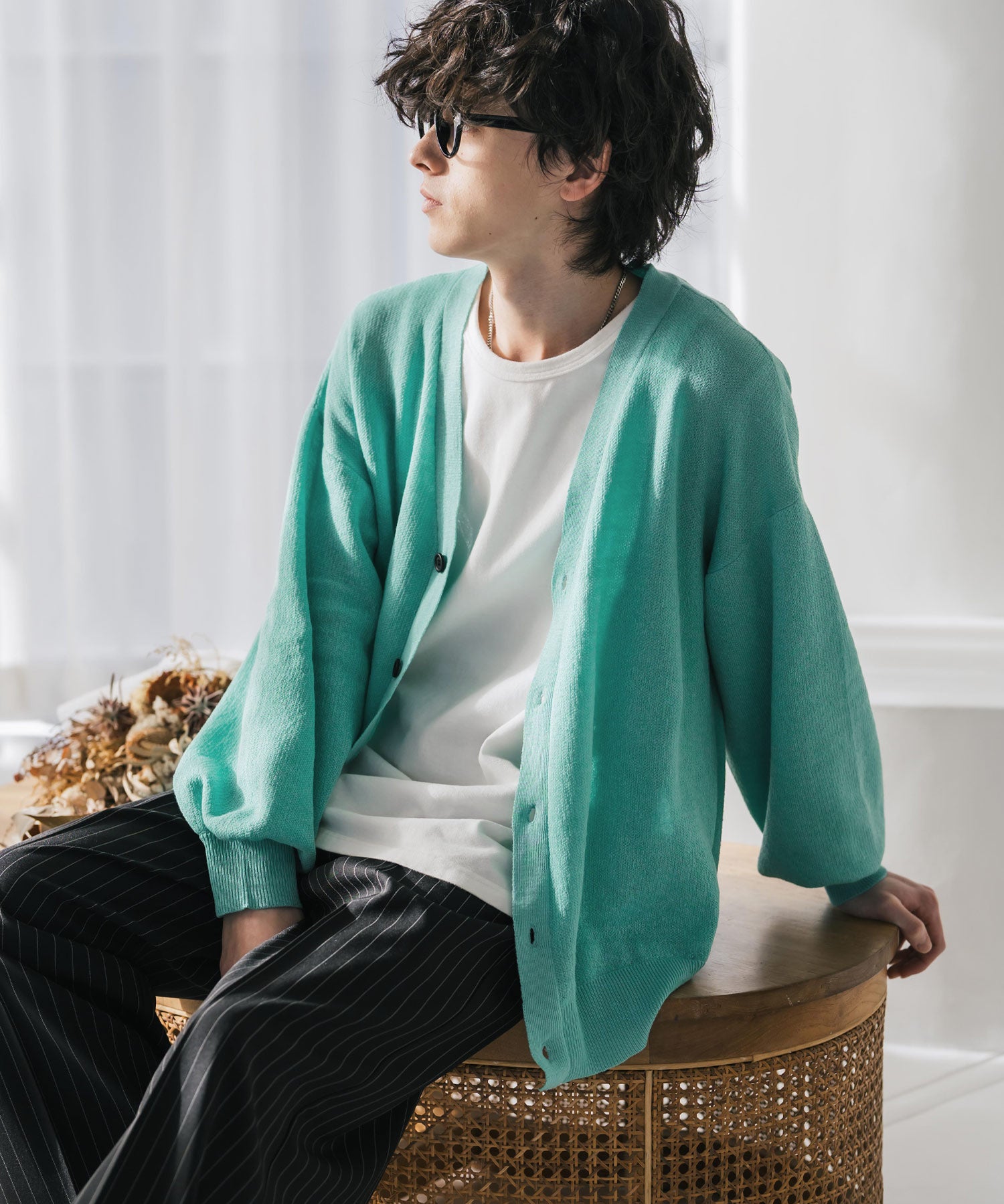 新色追加 接触冷感 UVカット 無地/アーガイル柄/チェック柄 オーバーサイズハイゲージVネックサマーニット長袖カーディガン 15471