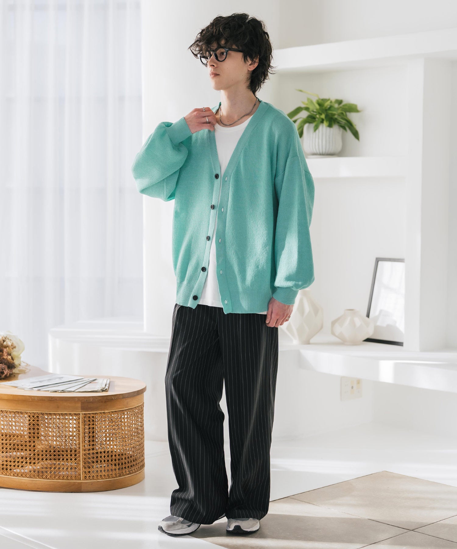 新色追加 接触冷感 UVカット 無地/アーガイル柄/チェック柄 オーバーサイズハイゲージVネックサマーニット長袖カーディガン 15471