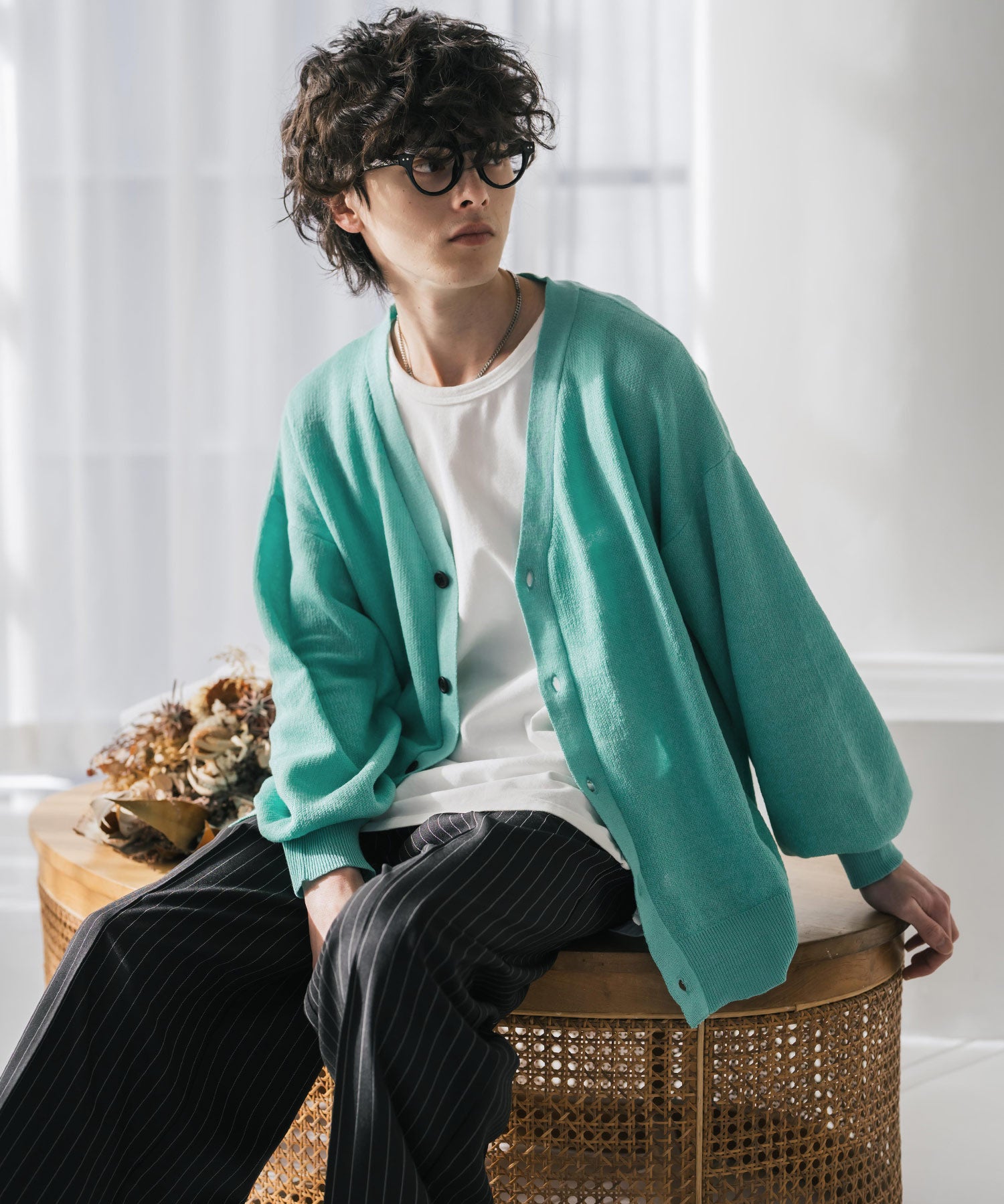 新色追加 接触冷感 UVカット 無地/アーガイル柄/チェック柄 オーバーサイズハイゲージVネックサマーニット長袖カーディガン 15471