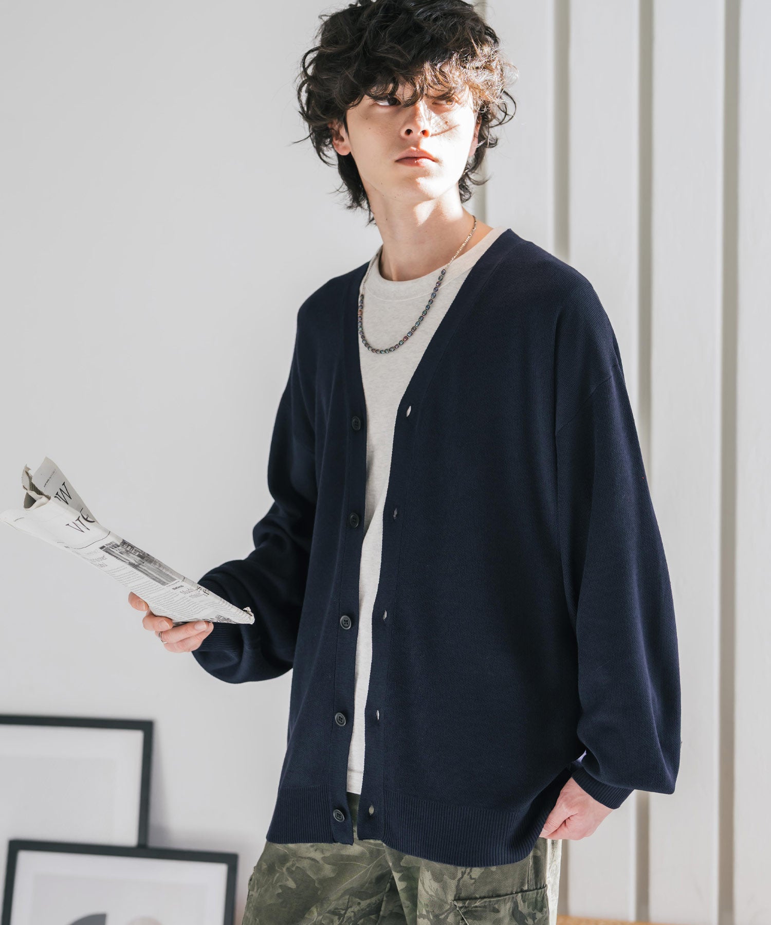 新色追加 接触冷感 UVカット 無地/アーガイル柄/チェック柄 オーバーサイズハイゲージVネックサマーニット長袖カーディガン 15471