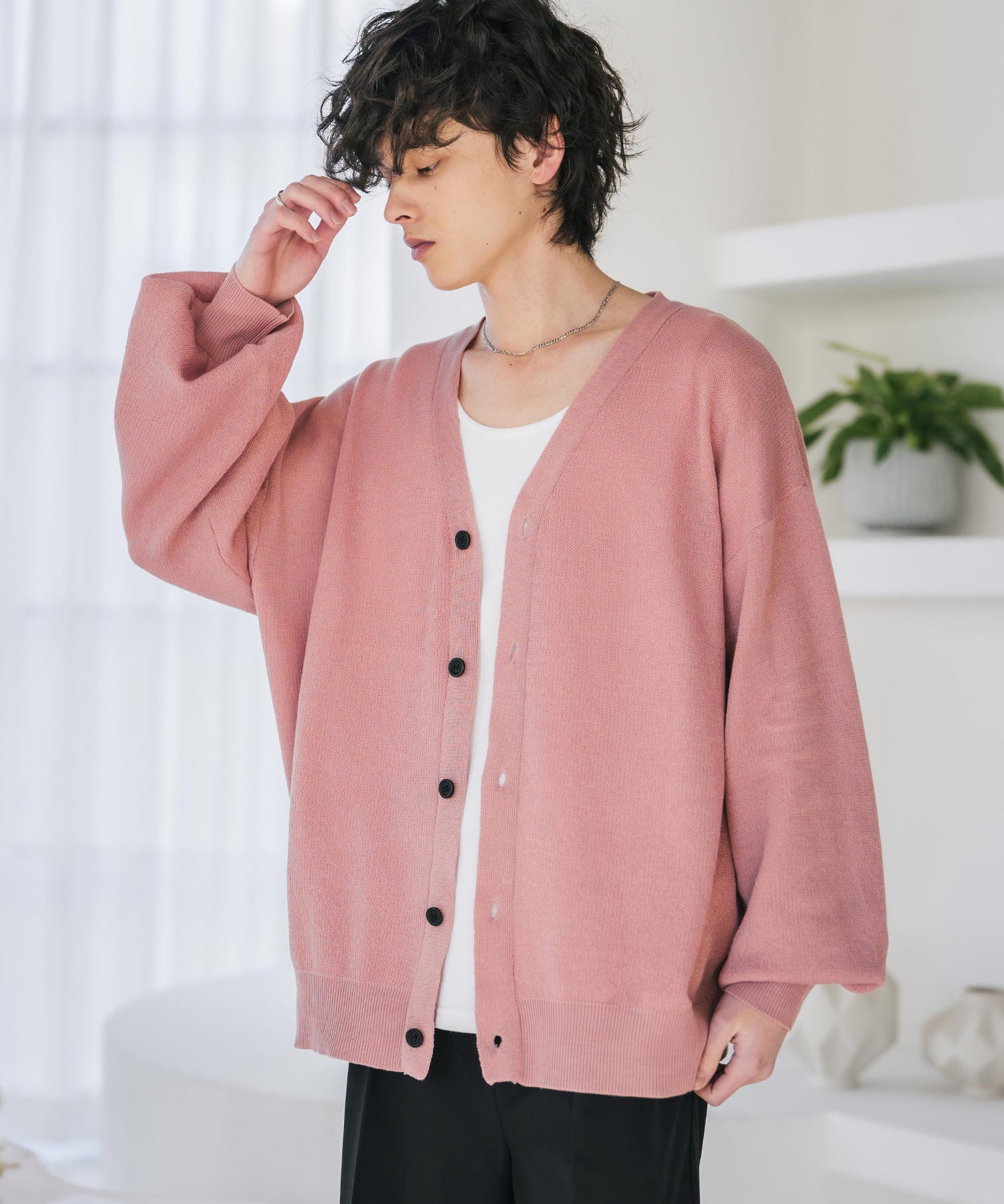 新色追加 接触冷感 UVカット 無地/アーガイル柄/チェック柄 オーバーサイズハイゲージVネックサマーニット長袖カーディガン 15471