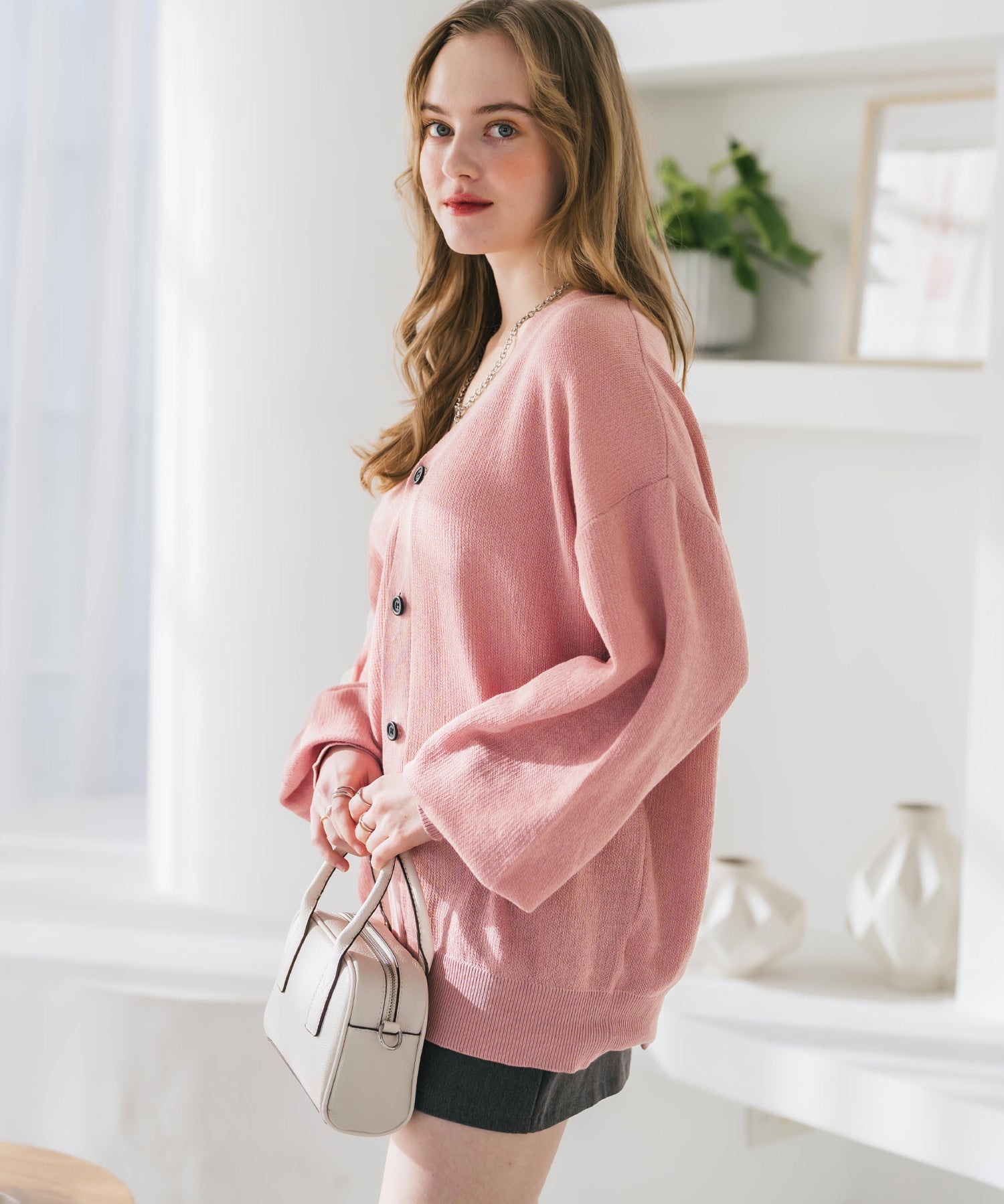 新色追加 接触冷感 UVカット 無地/アーガイル柄/チェック柄 オーバーサイズハイゲージVネックサマーニット長袖カーディガン 15471