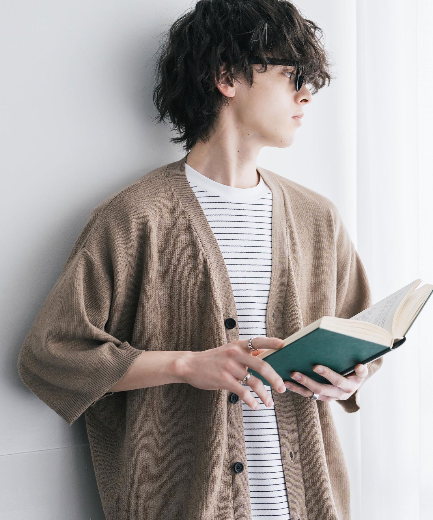 接触冷感 オーバーサイズVネックハイゲージ半袖サマーニットカーディガン 15472