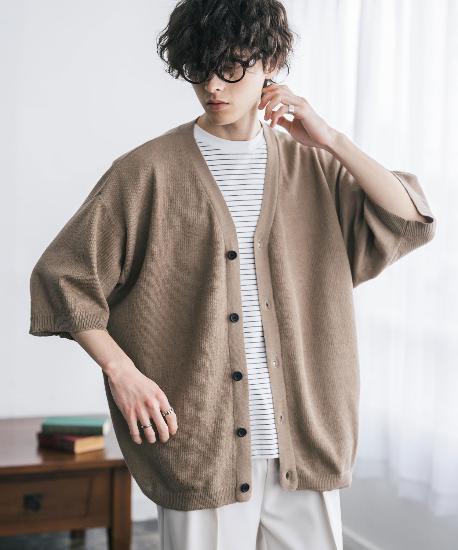 接触冷感 オーバーサイズVネックハイゲージ半袖サマーニットカーディガン 15472