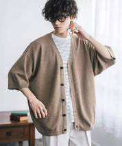 接触冷感 オーバーサイズVネックハイゲージ半袖サマーニットカーディガン 15472