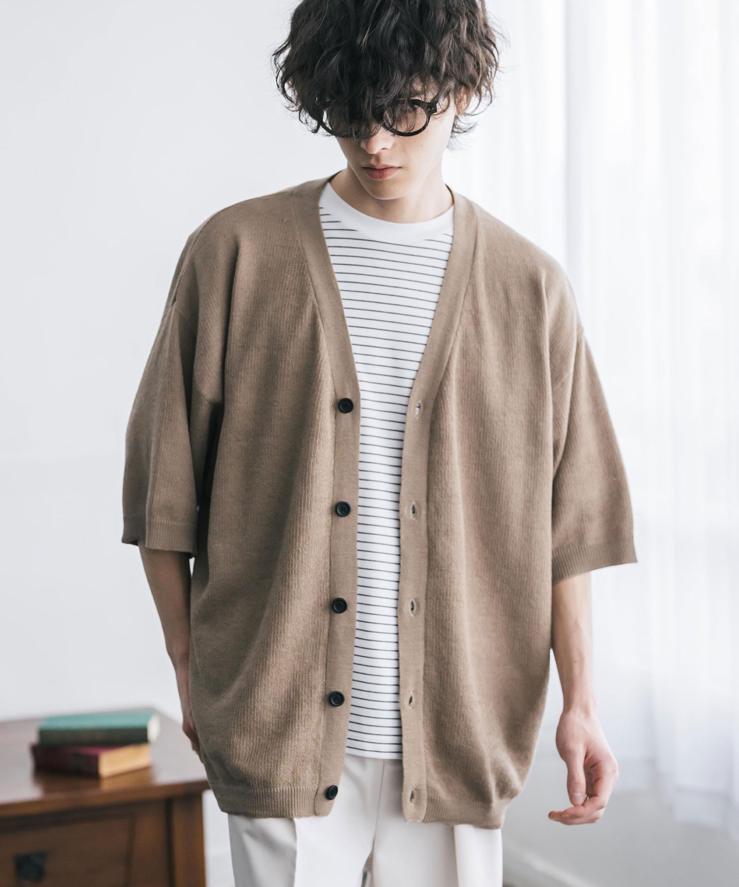 接触冷感 オーバーサイズVネックハイゲージ半袖サマーニットカーディガン 15472