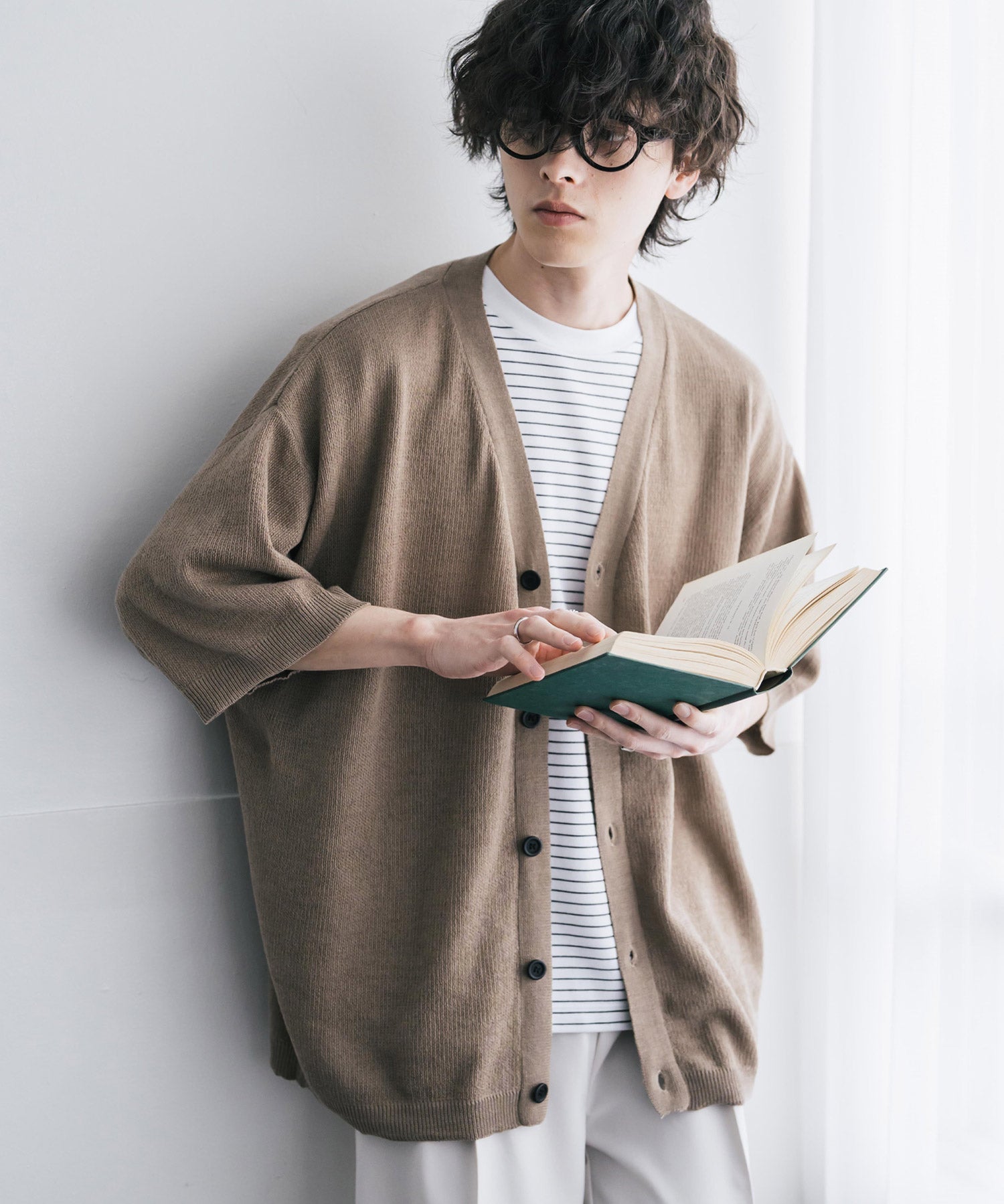 接触冷感 オーバーサイズVネックハイゲージ半袖サマーニットカーディガン 15472