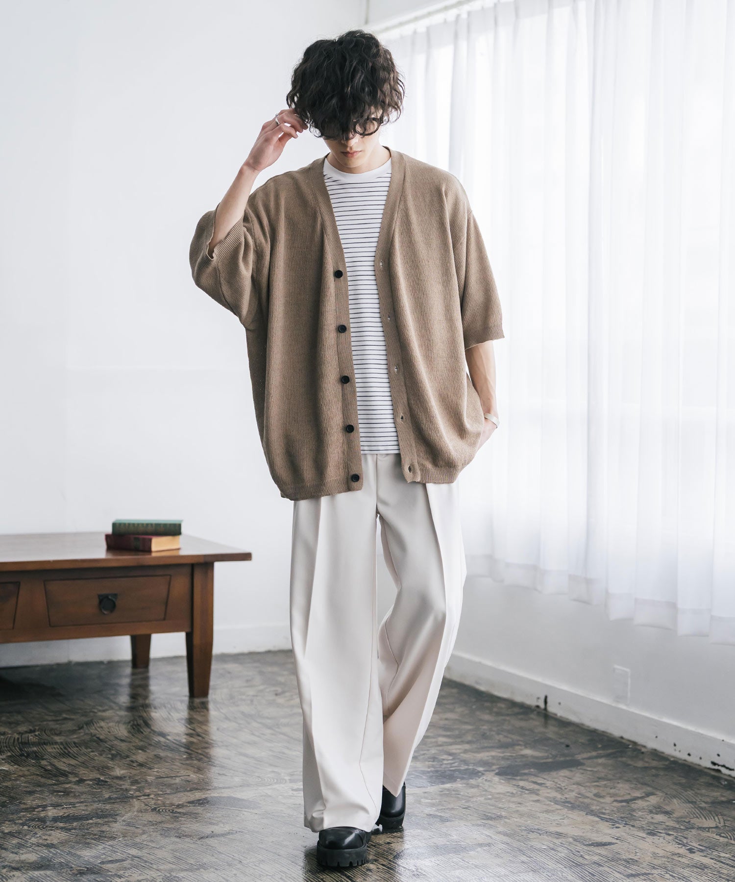 接触冷感 オーバーサイズVネックハイゲージ半袖サマーニットカーディガン 15472