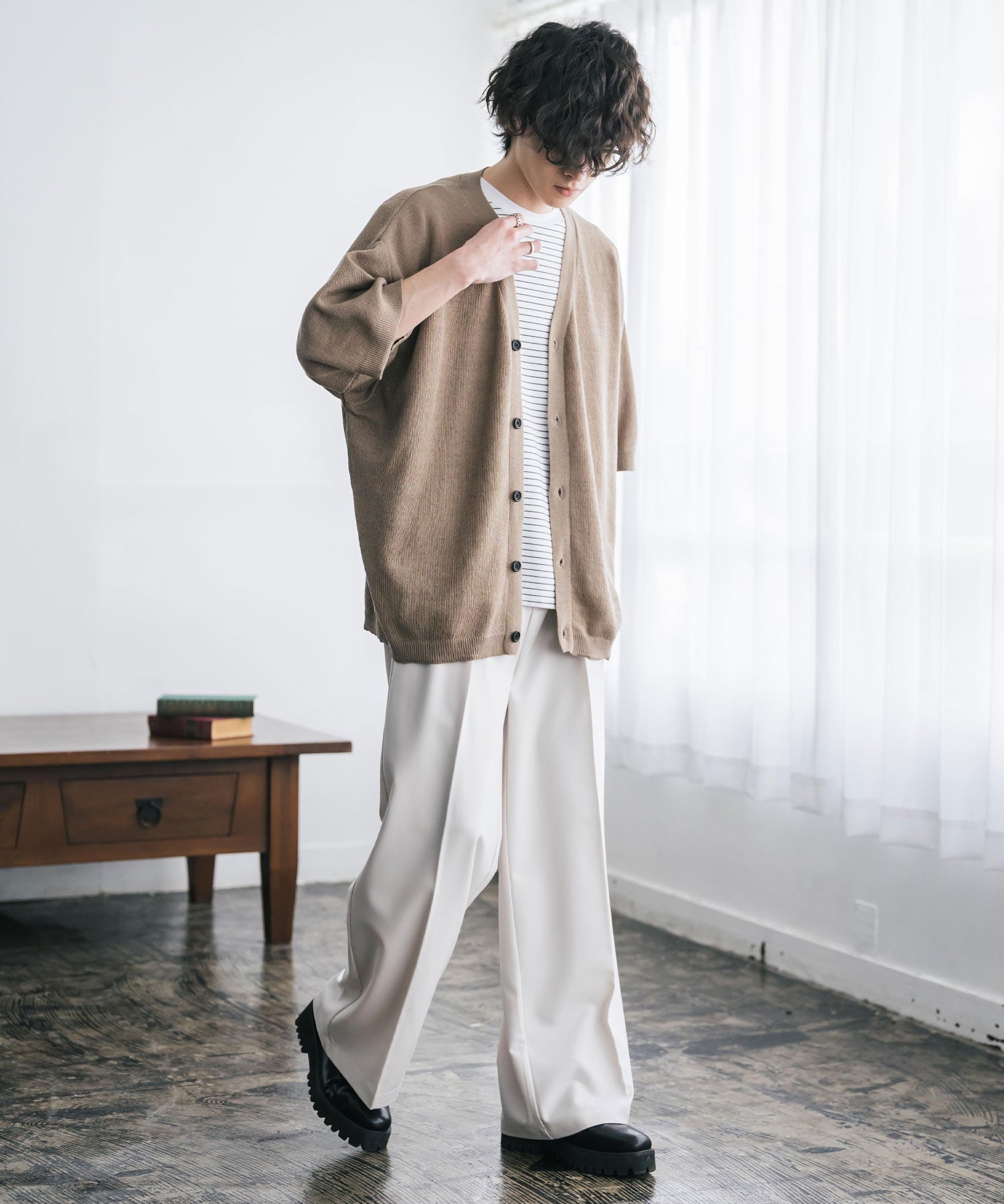 接触冷感 オーバーサイズVネックハイゲージ半袖サマーニットカーディガン 15472