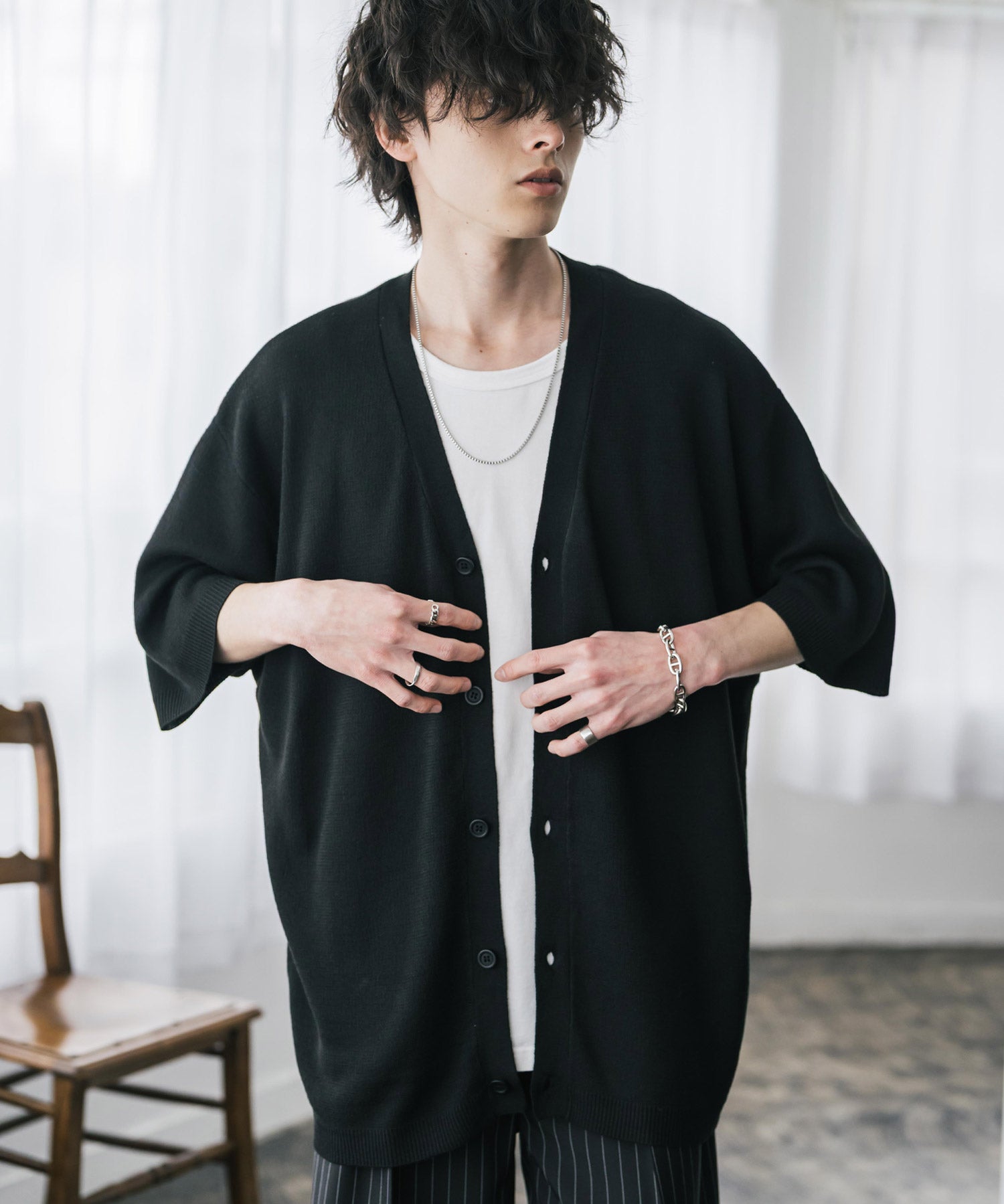 接触冷感 オーバーサイズVネックハイゲージ半袖サマーニットカーディガン 15472