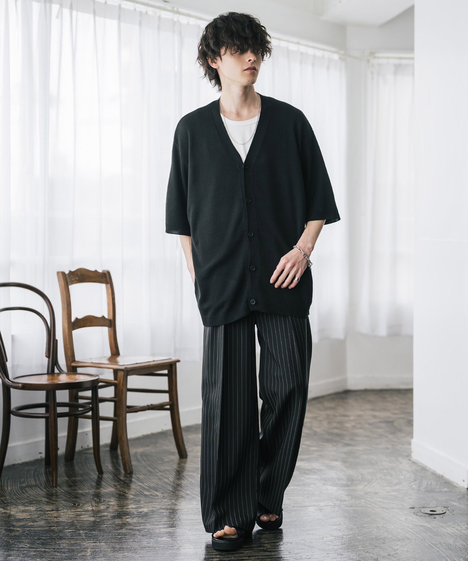 接触冷感 オーバーサイズVネックハイゲージ半袖サマーニットカーディガン 15472