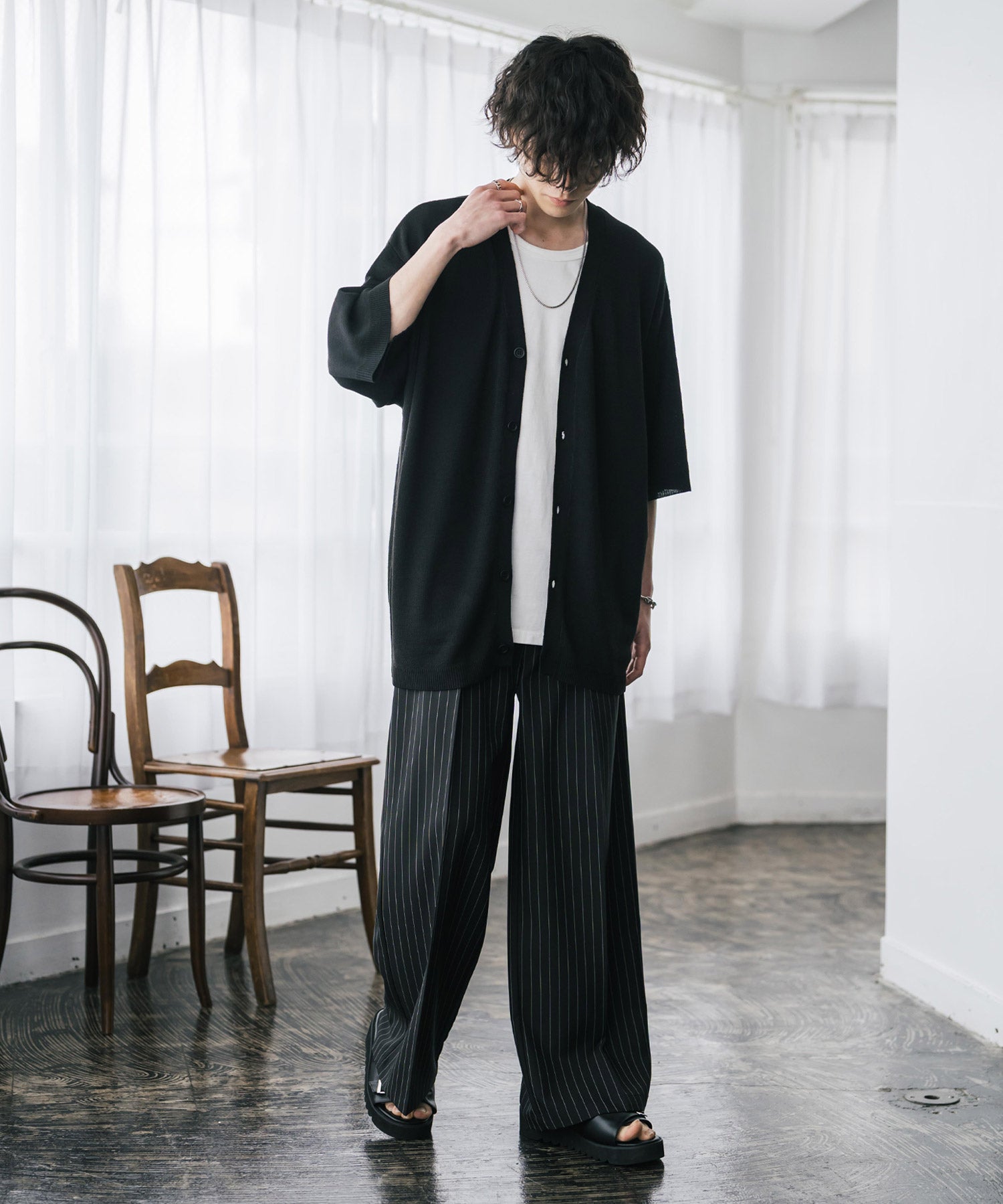 接触冷感 オーバーサイズVネックハイゲージ半袖サマーニットカーディガン 15472