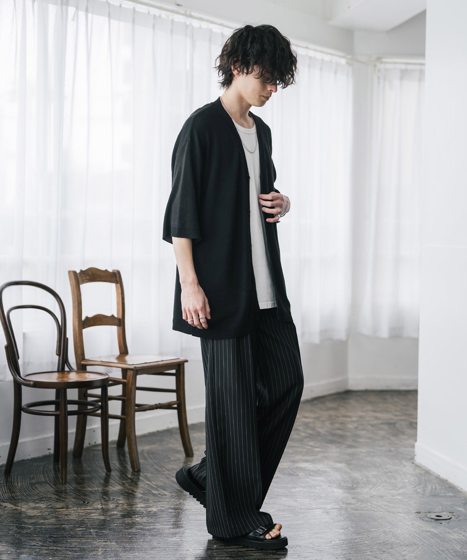 接触冷感 オーバーサイズVネックハイゲージ半袖サマーニットカーディガン 15472