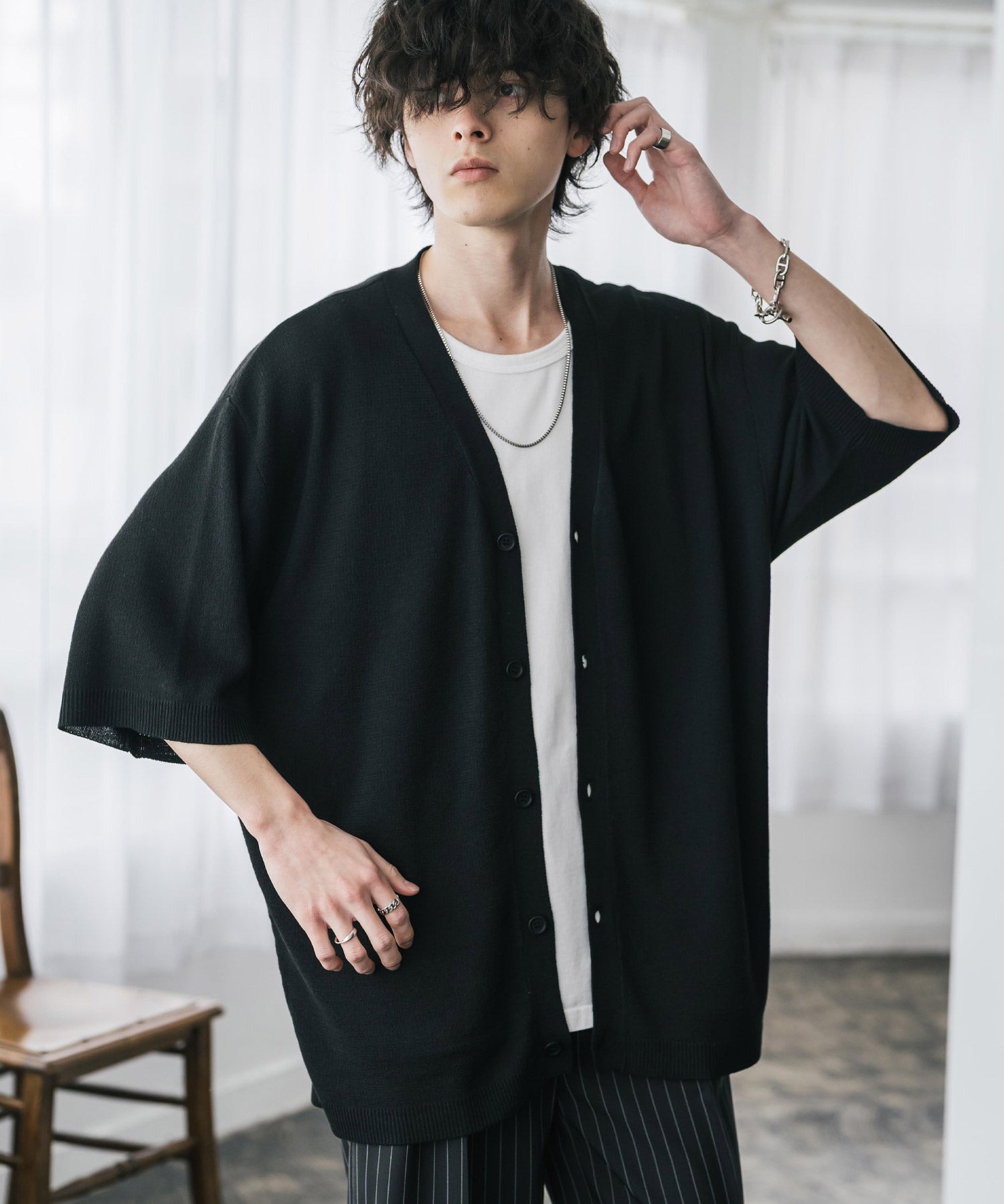 接触冷感 オーバーサイズVネックハイゲージ半袖サマーニットカーディガン 15472