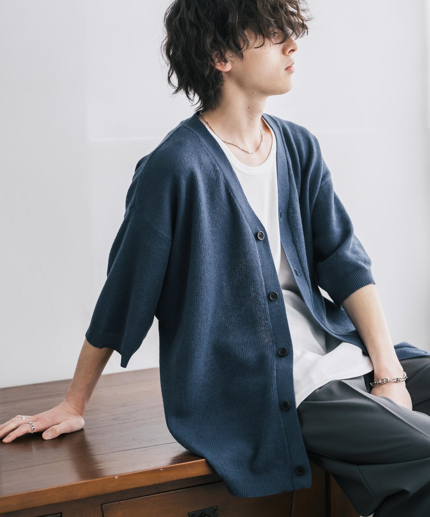 接触冷感 オーバーサイズVネックハイゲージ半袖サマーニットカーディガン 15472