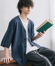 接触冷感 オーバーサイズVネックハイゲージ半袖サマーニットカーディガン 15472