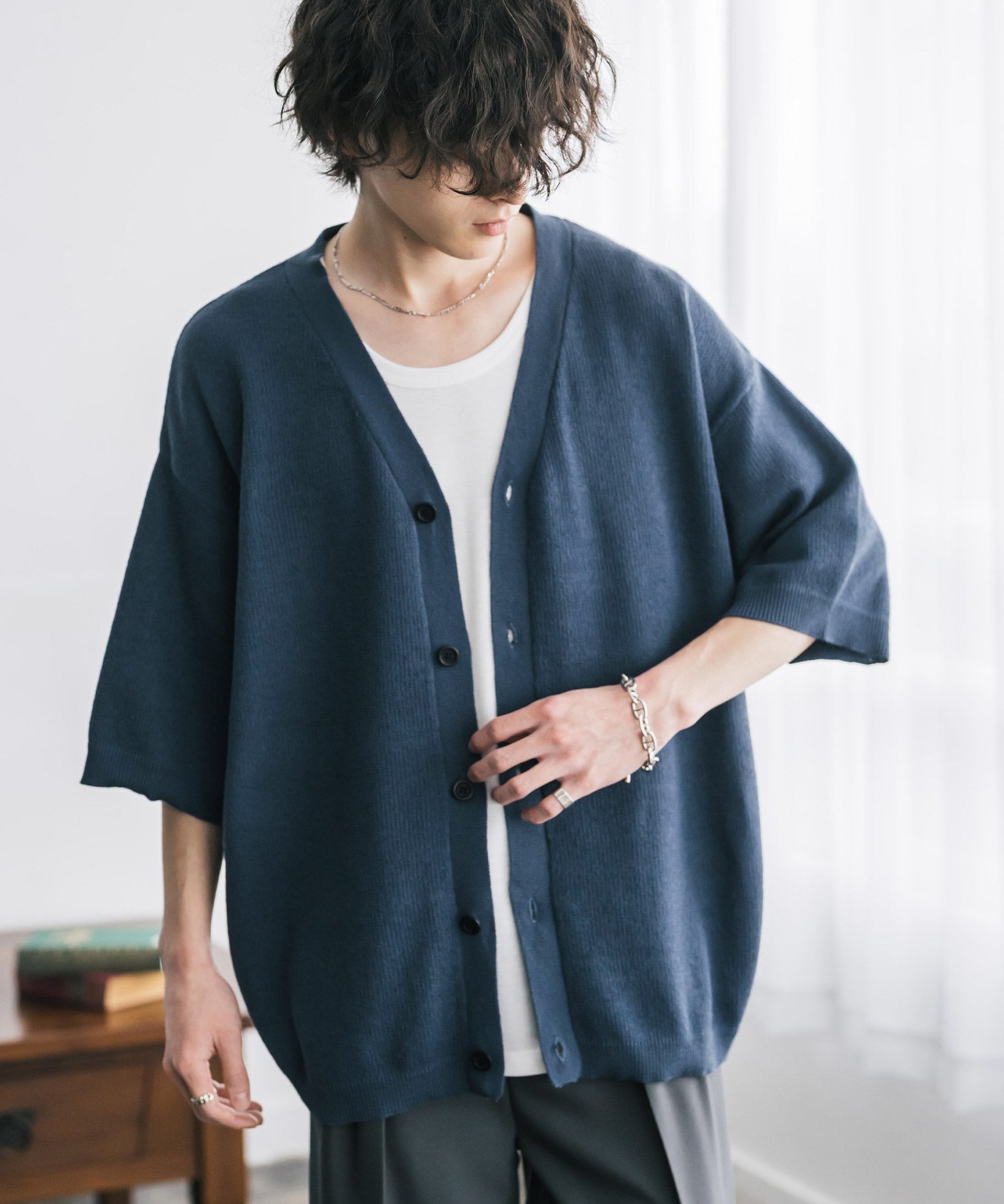 接触冷感 オーバーサイズVネックハイゲージ半袖サマーニットカーディガン 15472