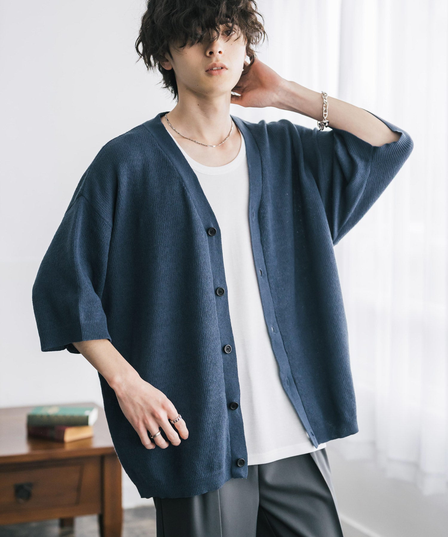 接触冷感 オーバーサイズVネックハイゲージ半袖サマーニットカーディガン 15472