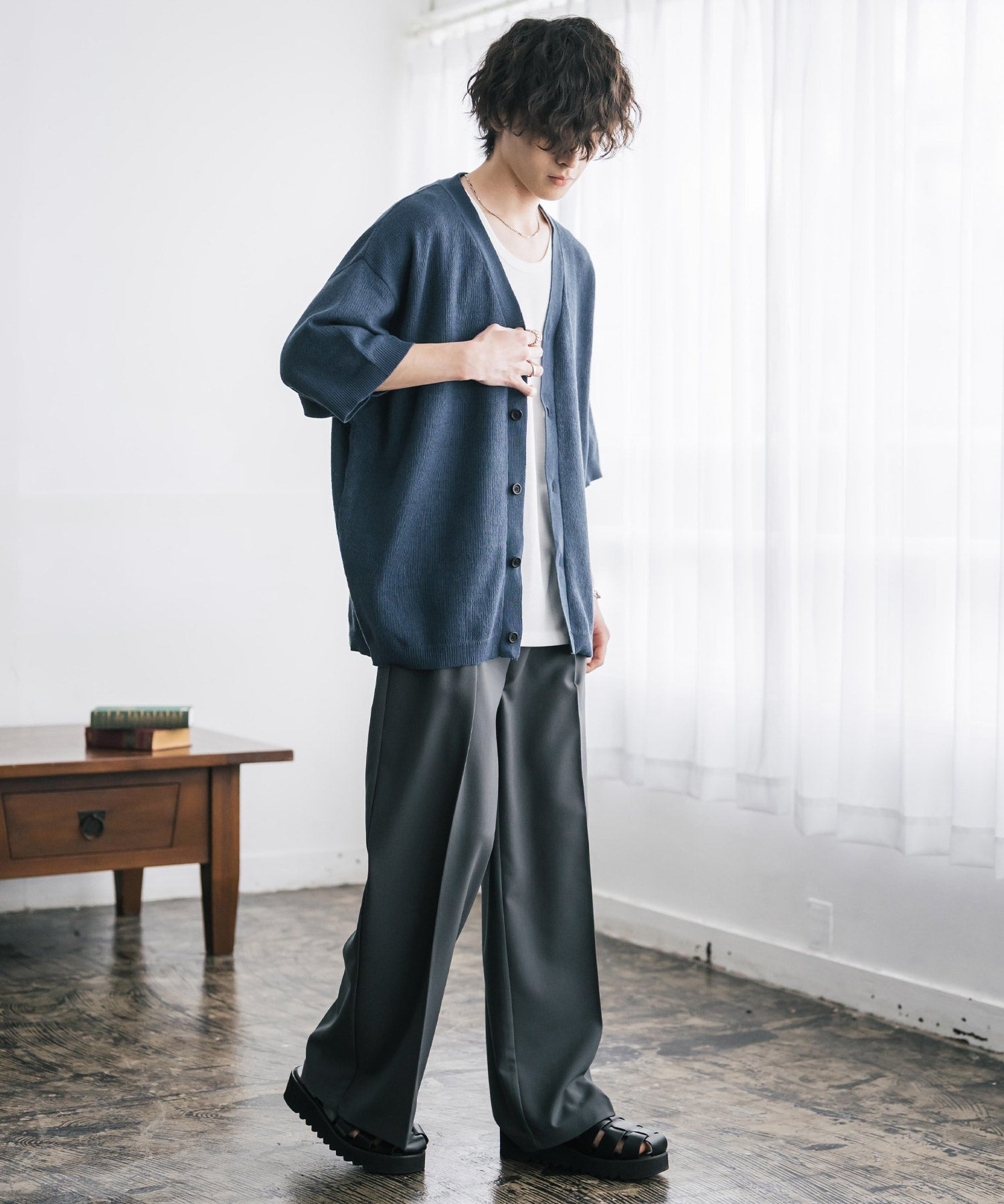 接触冷感 オーバーサイズVネックハイゲージ半袖サマーニットカーディガン 15472