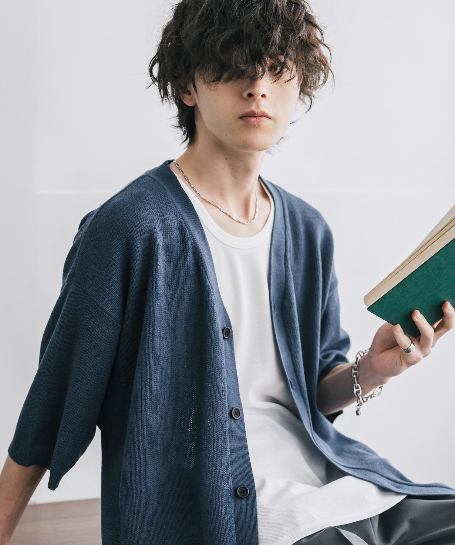 接触冷感 オーバーサイズVネックハイゲージ半袖サマーニットカーディガン 15472