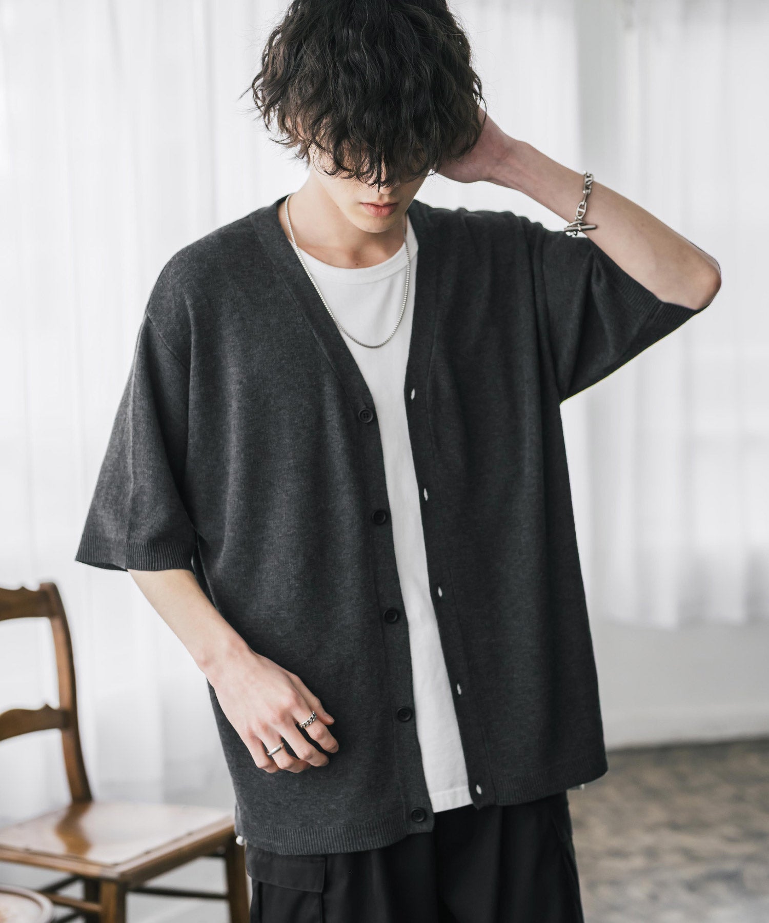 接触冷感 オーバーサイズVネックハイゲージ半袖サマーニットカーディガン 15472