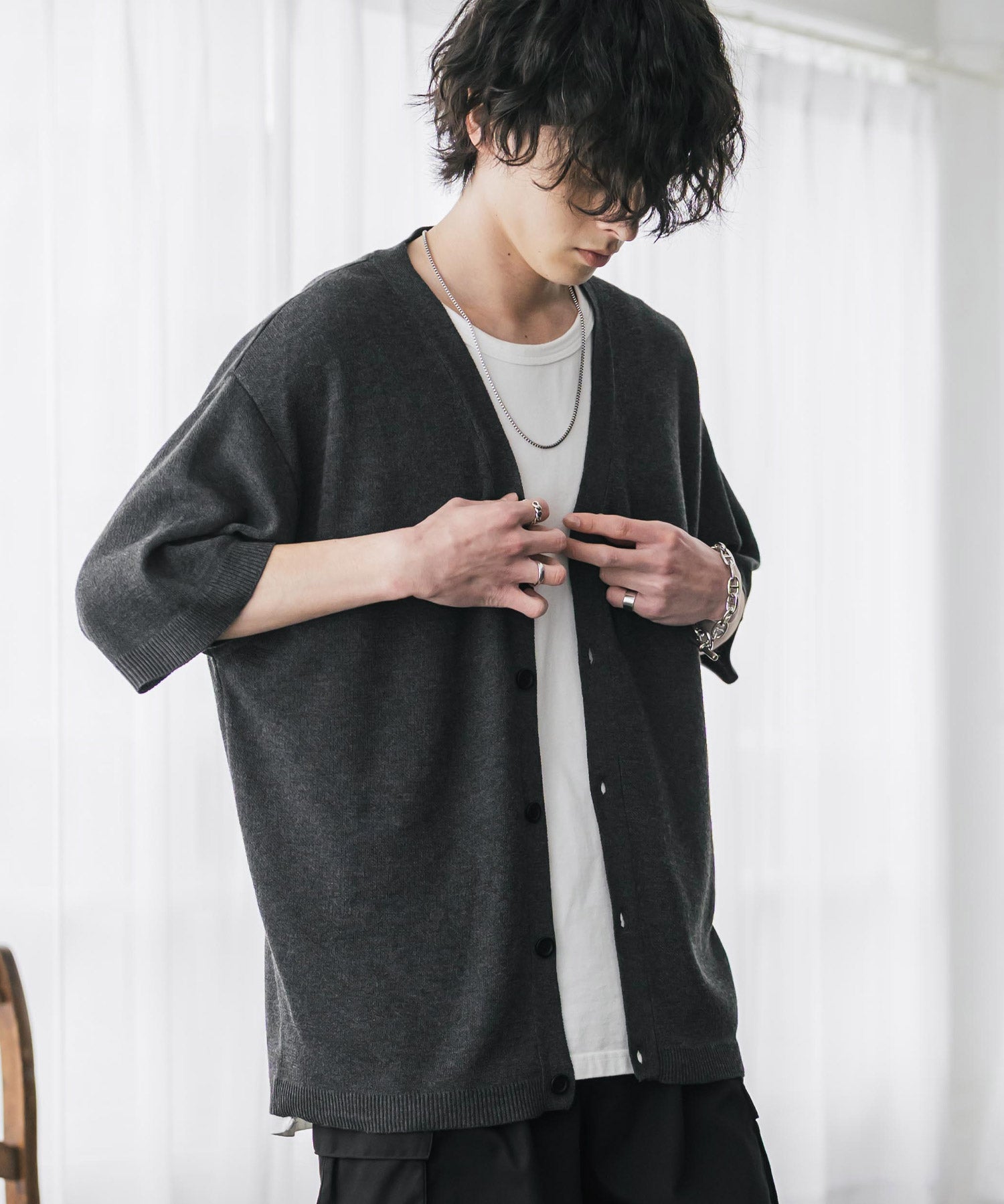 接触冷感 オーバーサイズVネックハイゲージ半袖サマーニットカーディガン 15472