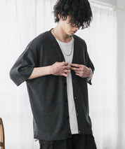 接触冷感 オーバーサイズVネックハイゲージ半袖サマーニットカーディガン 15472