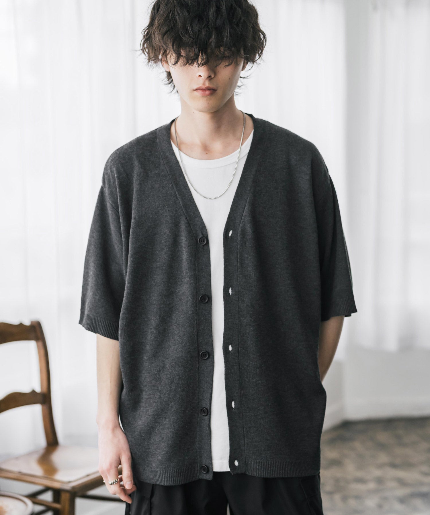 接触冷感 オーバーサイズVネックハイゲージ半袖サマーニットカーディガン 15472