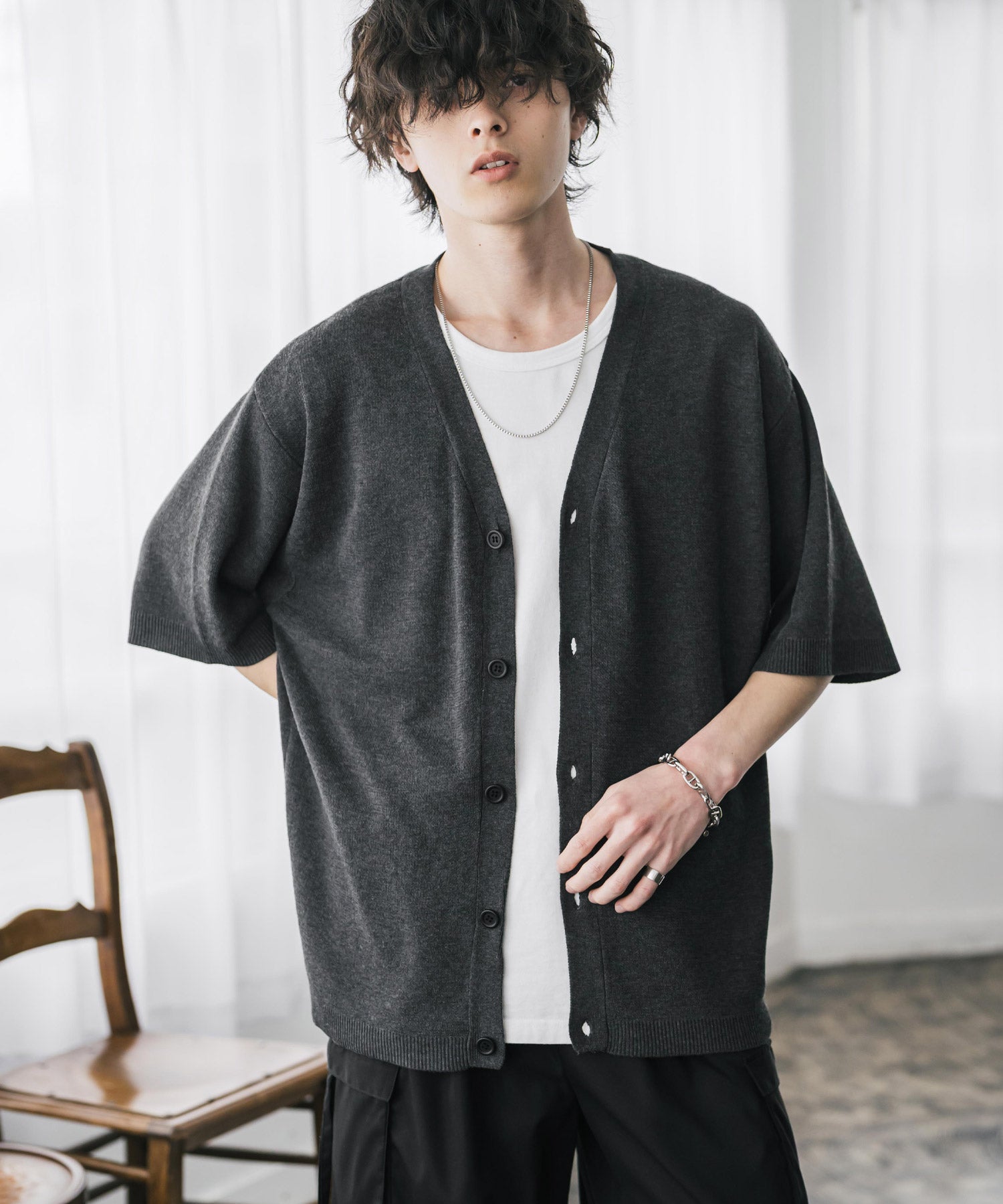 接触冷感 オーバーサイズVネックハイゲージ半袖サマーニットカーディガン 15472