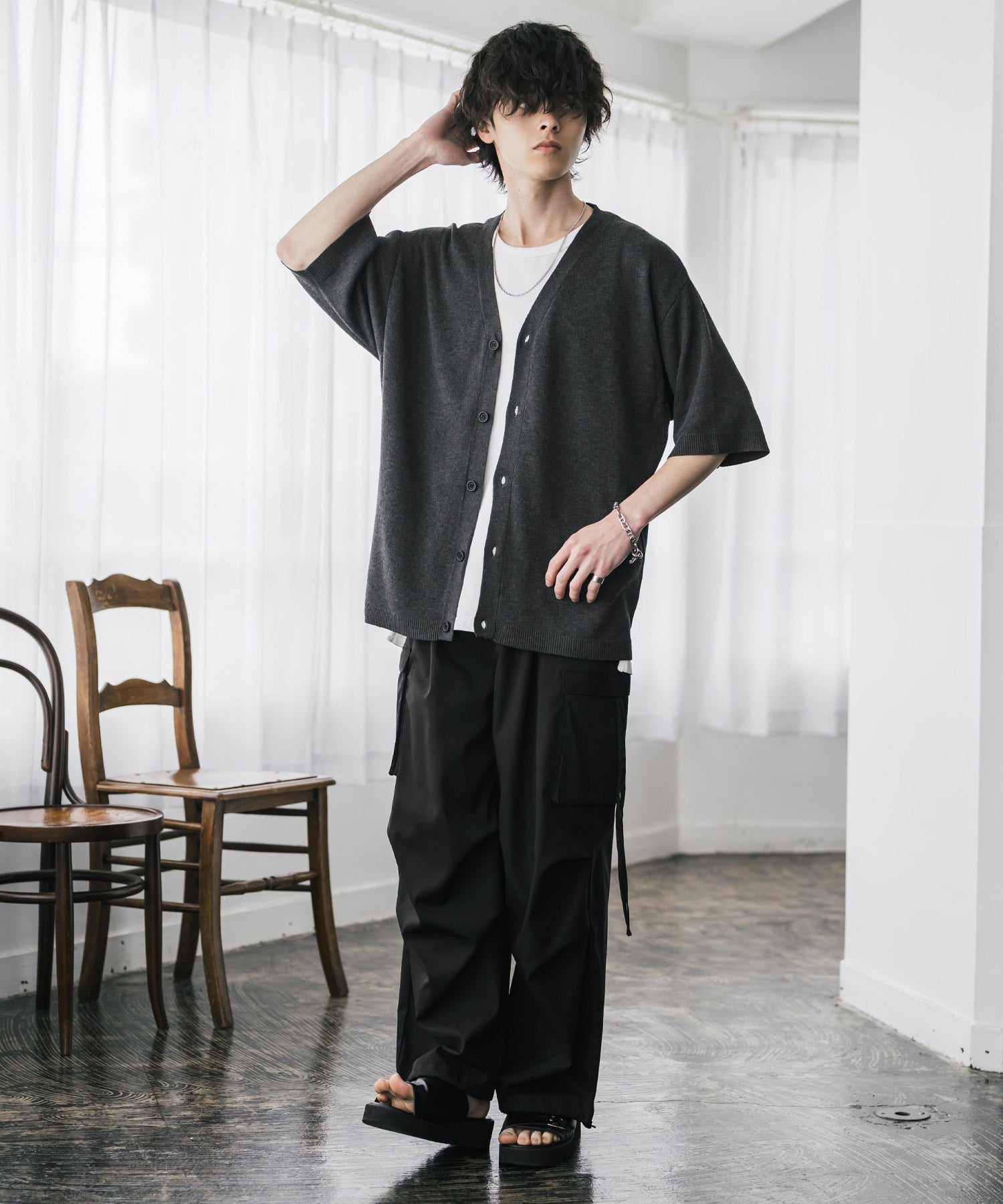 接触冷感 オーバーサイズVネックハイゲージ半袖サマーニットカーディガン 15472