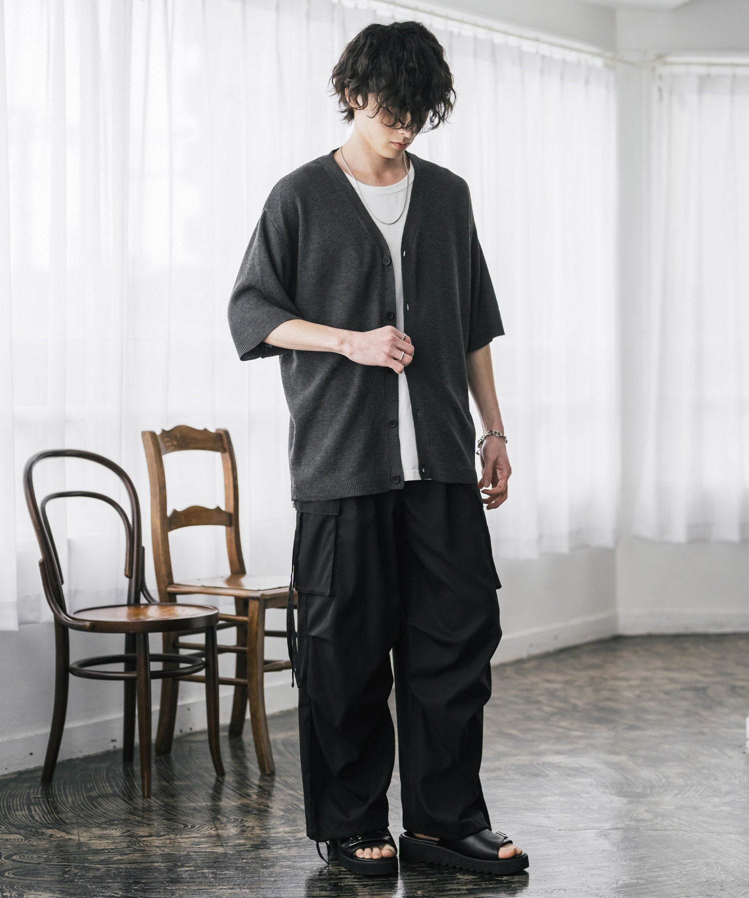 接触冷感 オーバーサイズVネックハイゲージ半袖サマーニットカーディガン 15472