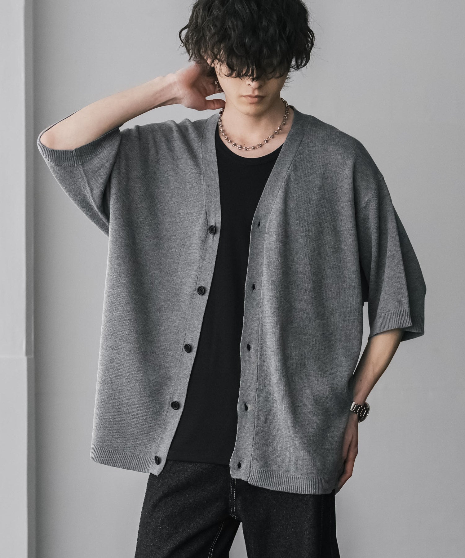 接触冷感 オーバーサイズVネックハイゲージ半袖サマーニットカーディガン 15472