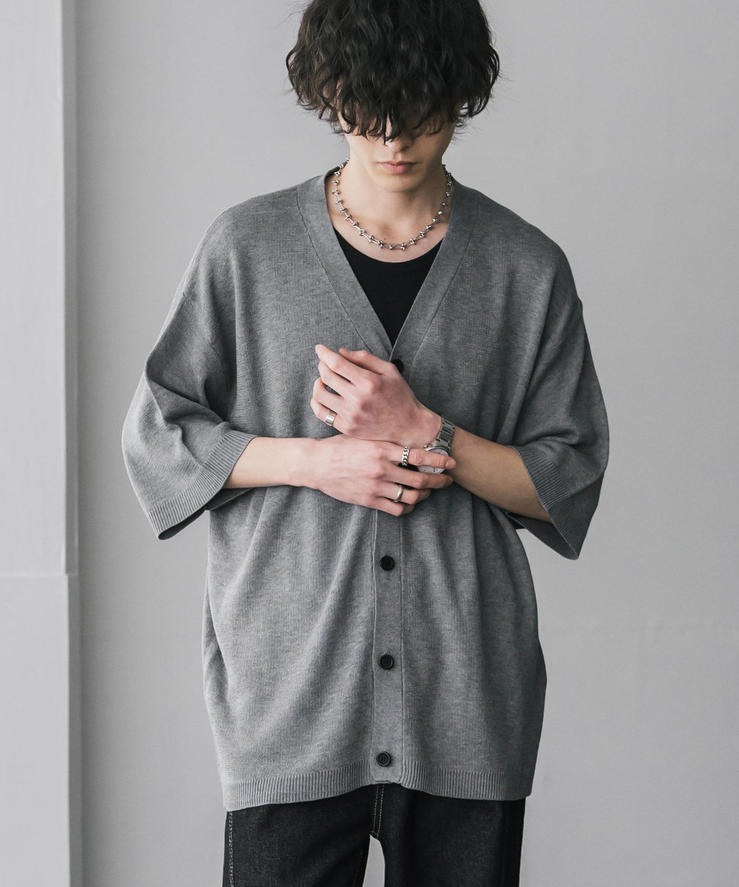 接触冷感 オーバーサイズVネックハイゲージ半袖サマーニットカーディガン 15472