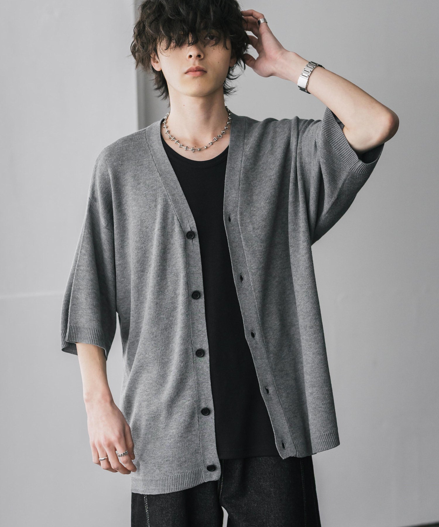 接触冷感 オーバーサイズVネックハイゲージ半袖サマーニットカーディガン 15472