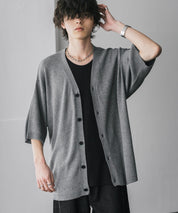 接触冷感 オーバーサイズVネックハイゲージ半袖サマーニットカーディガン 15472