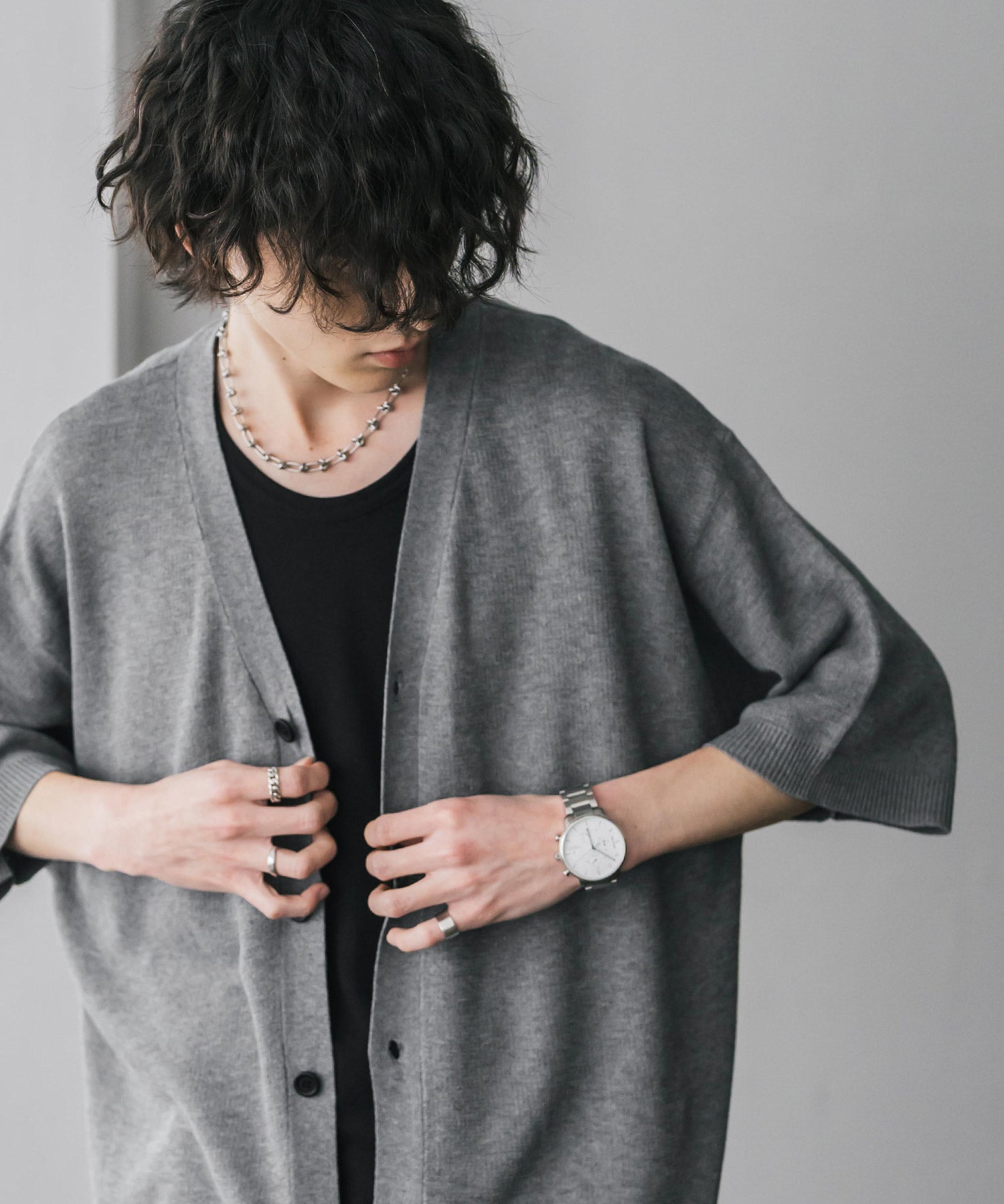 接触冷感 オーバーサイズVネックハイゲージ半袖サマーニットカーディガン 15472