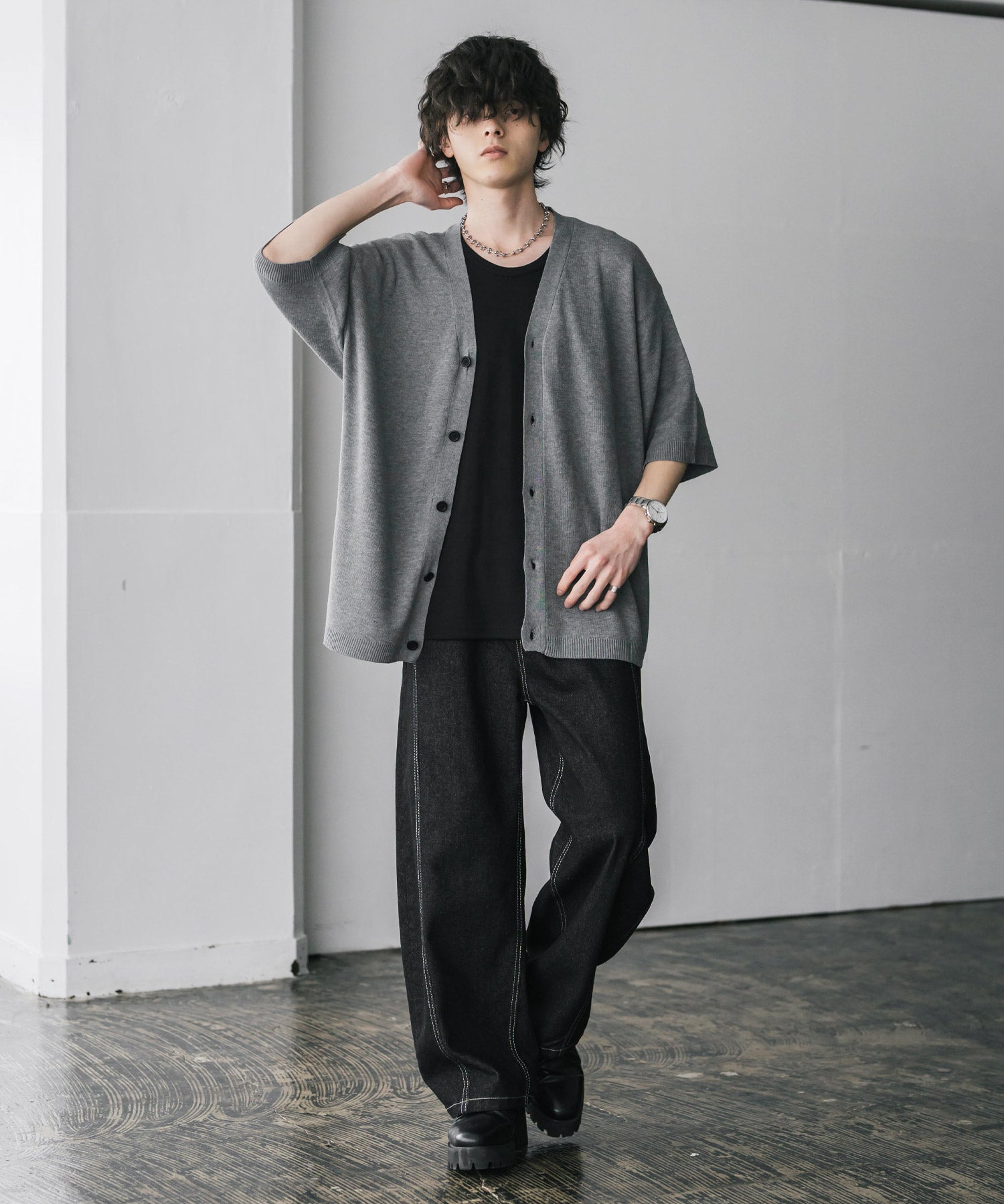 接触冷感 オーバーサイズVネックハイゲージ半袖サマーニットカーディガン 15472